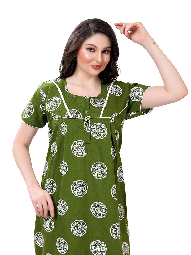 Green  Printed Cotton Maxi Night Gown for Women