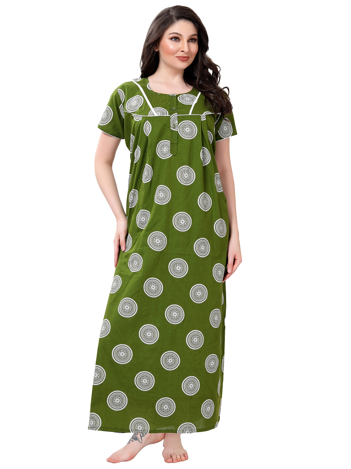 Green  Printed Cotton Maxi Night Gown for Women