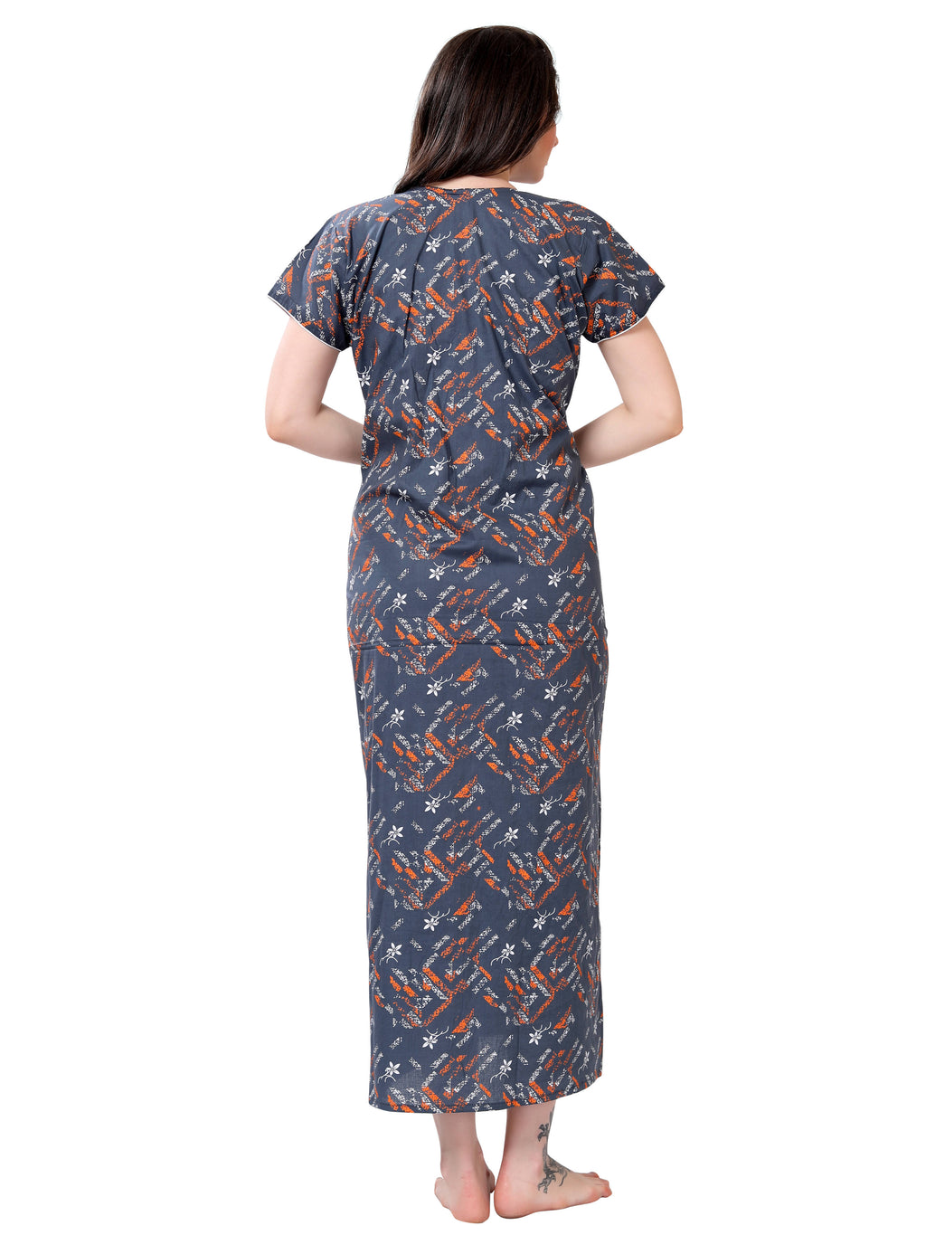 Grey Printed Cotton Maxi Night Gown for Women