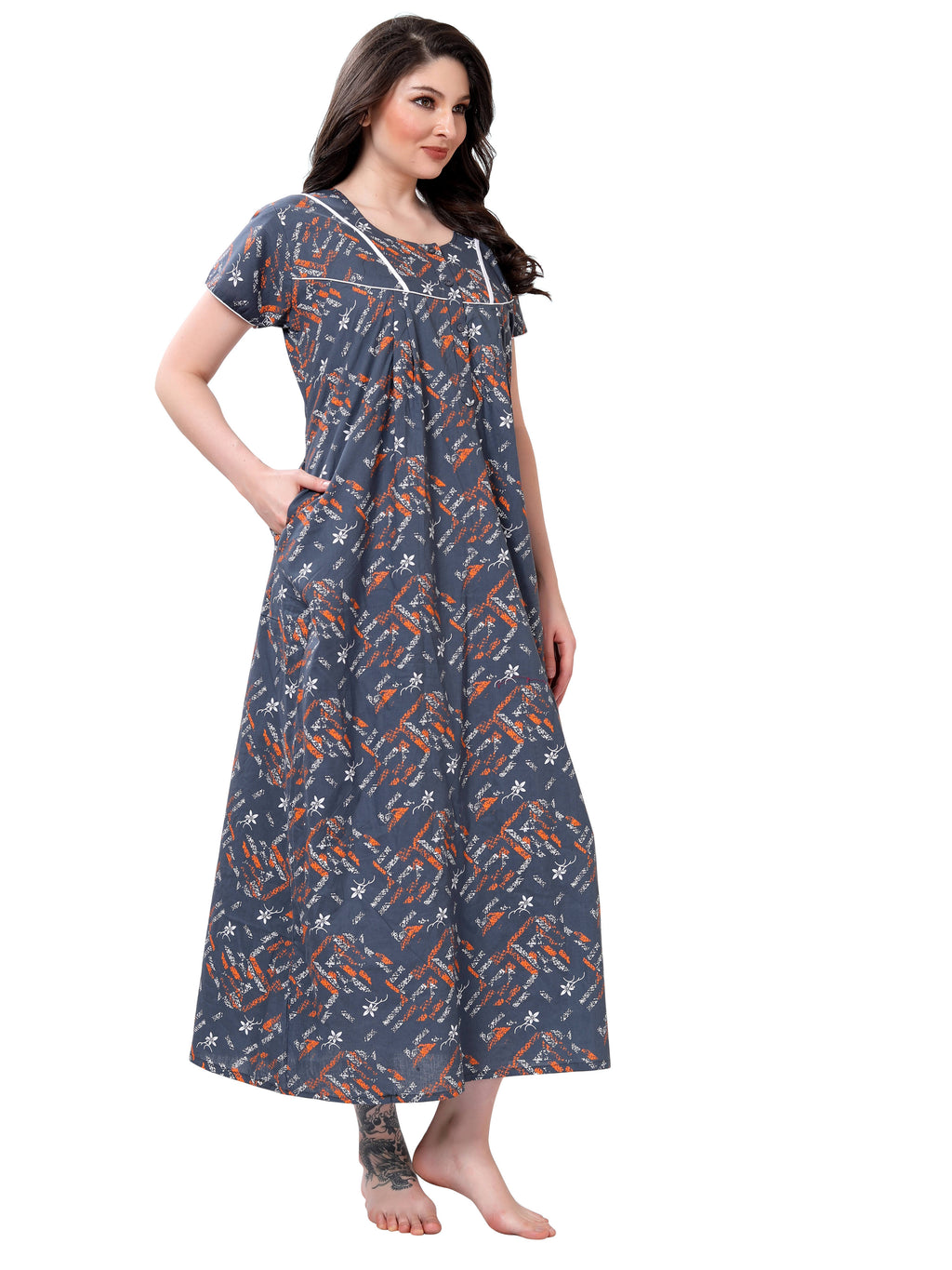 Grey Printed Cotton Maxi Night Gown for Women