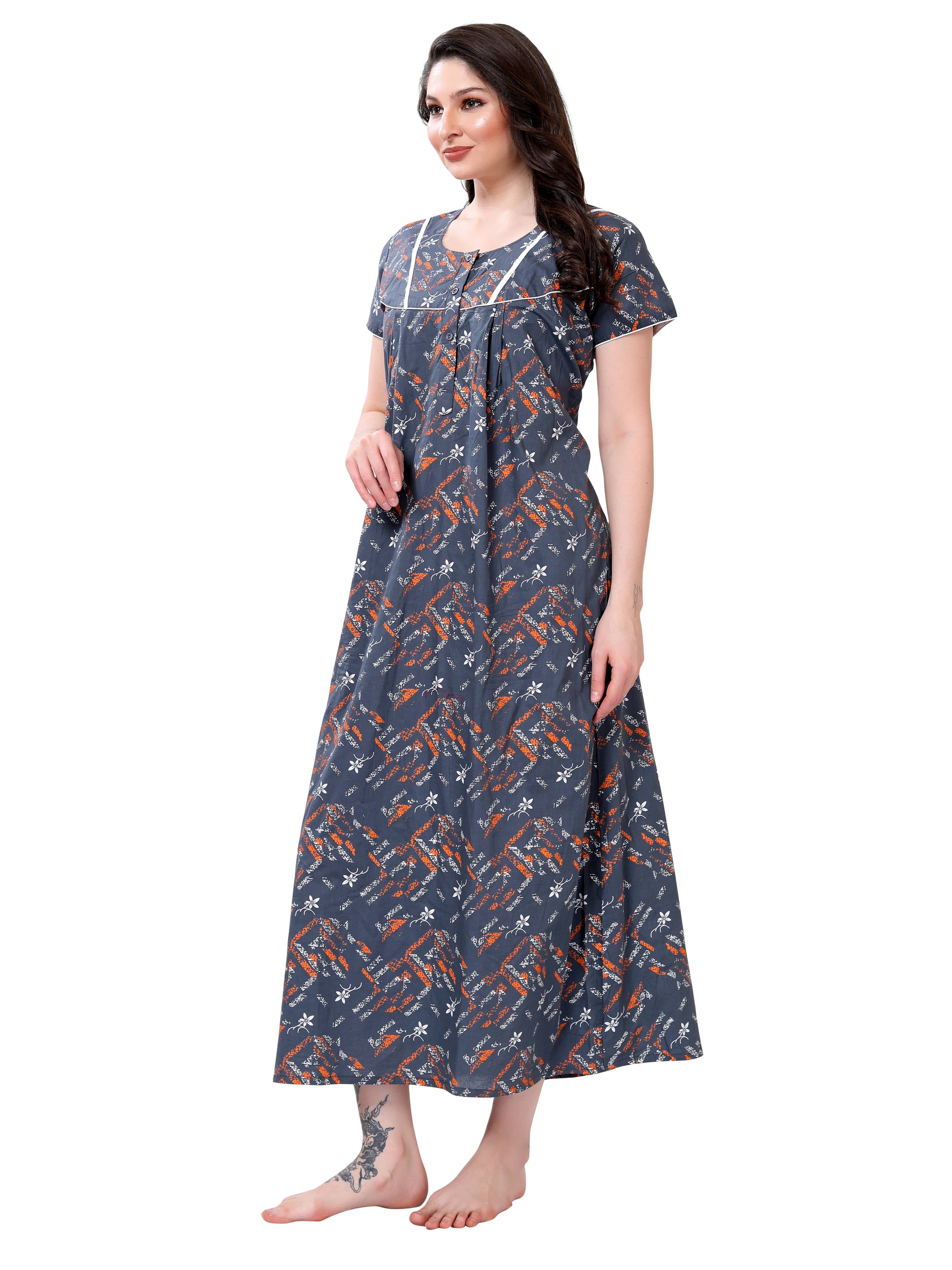 Grey Printed Cotton Maxi Night Gown for Women