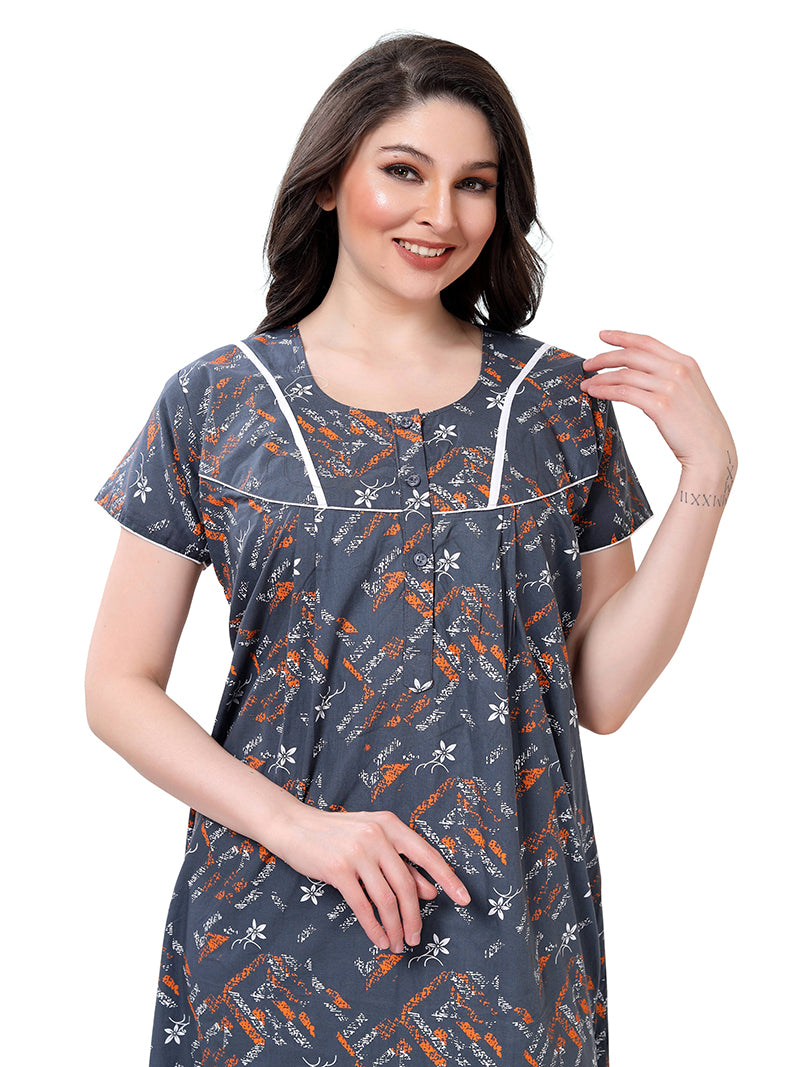 Grey Printed Cotton Maxi Night Gown for Women