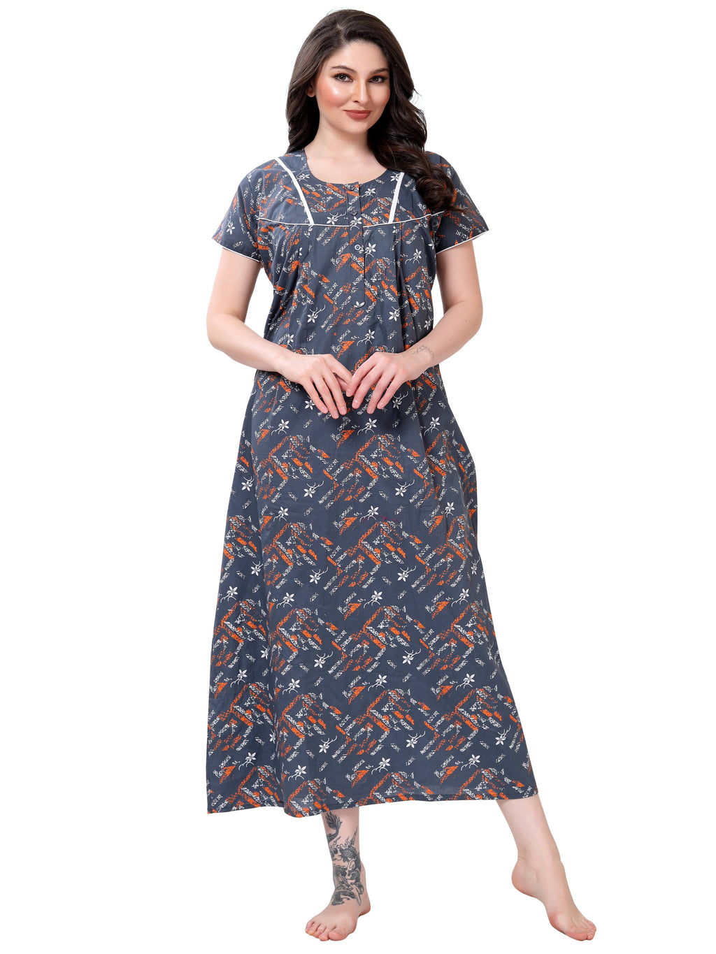 Grey Printed Cotton Maxi Night Gown for Women