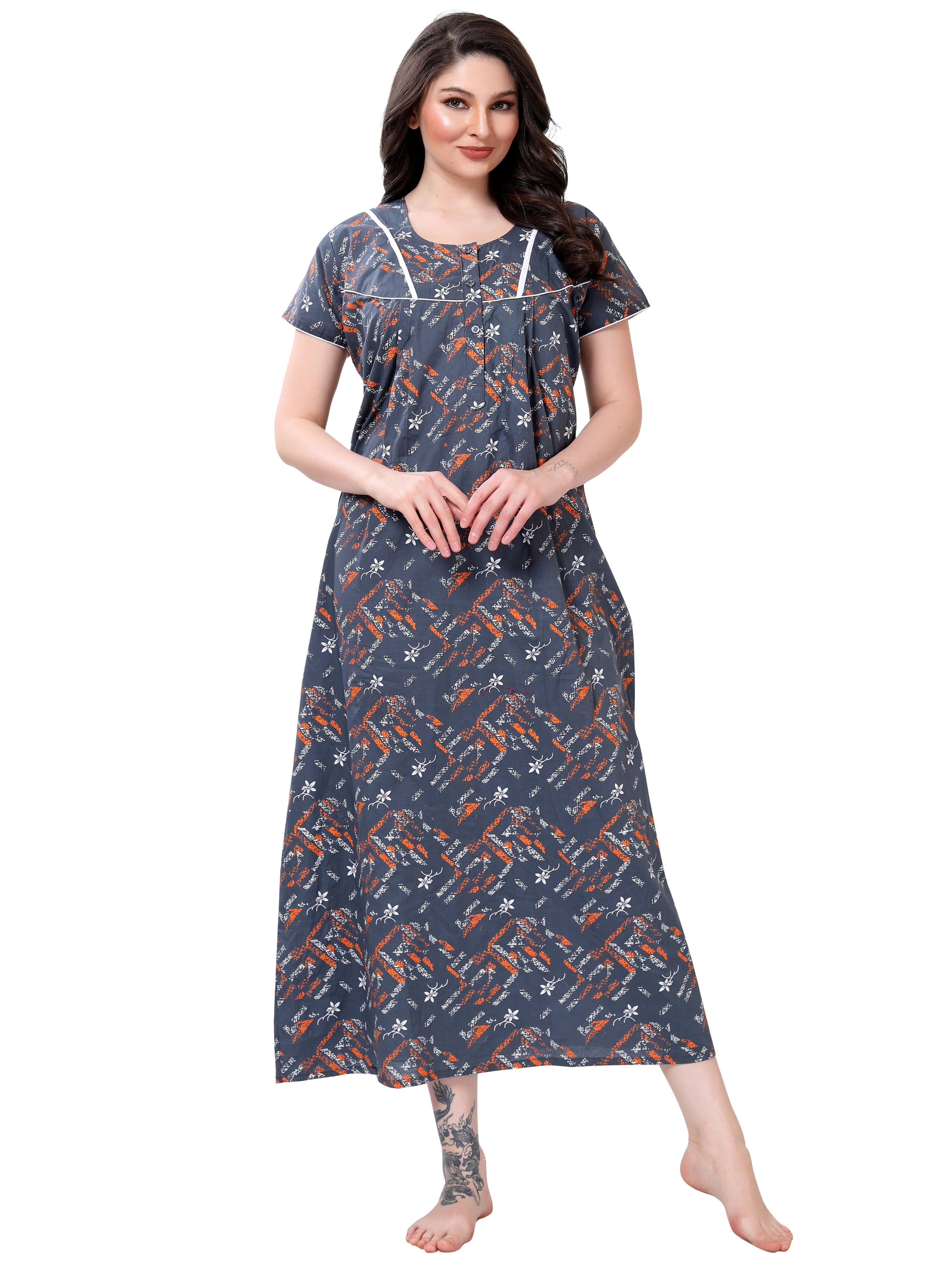 Grey Printed Cotton Maxi Night Gown for Women