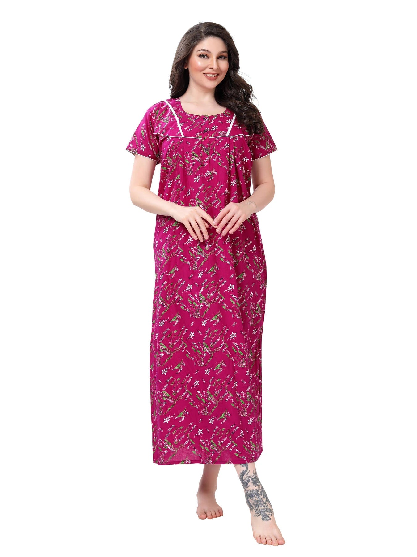 Magenta printed cotton maxi night gown front view
