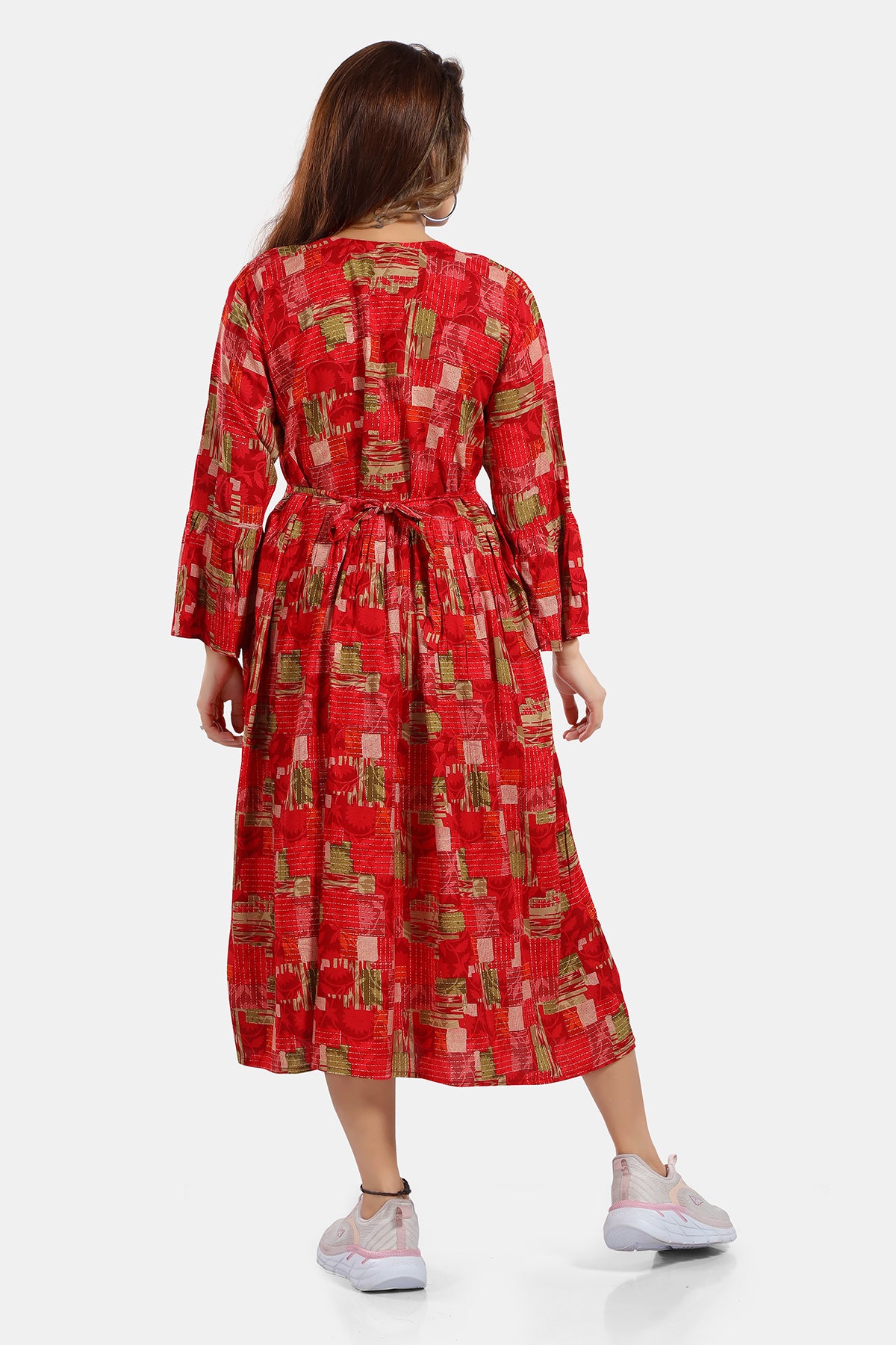 Red Printed Rayon Feeding Flared Kurti for Women
