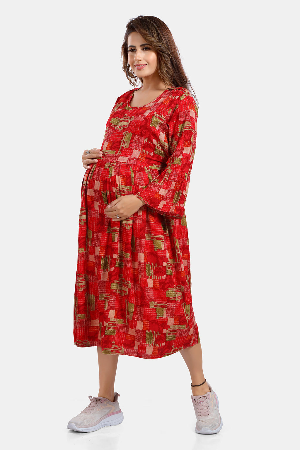 Red Printed Rayon Feeding Flared Kurti for Women