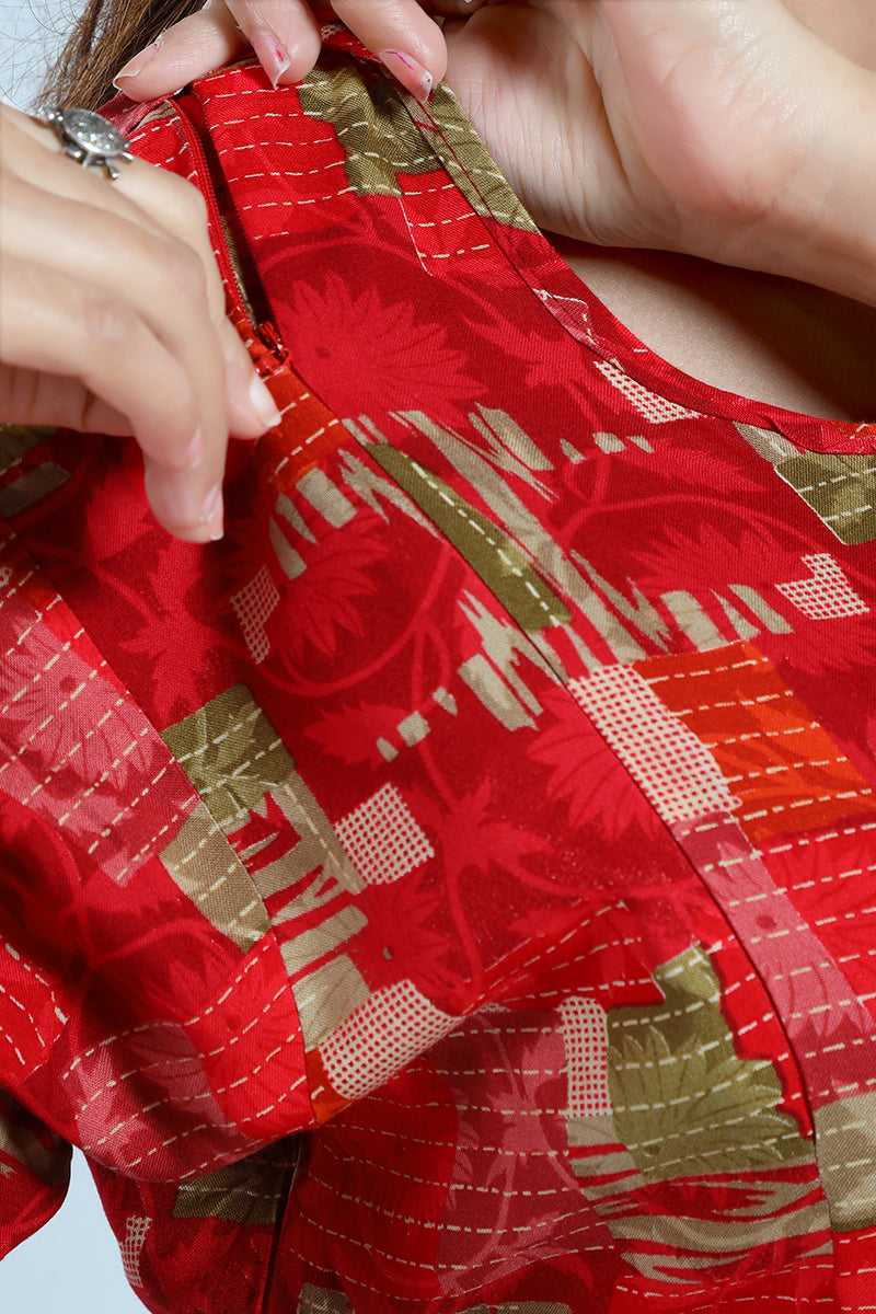 Red Printed Rayon Feeding Flared Kurti for Women