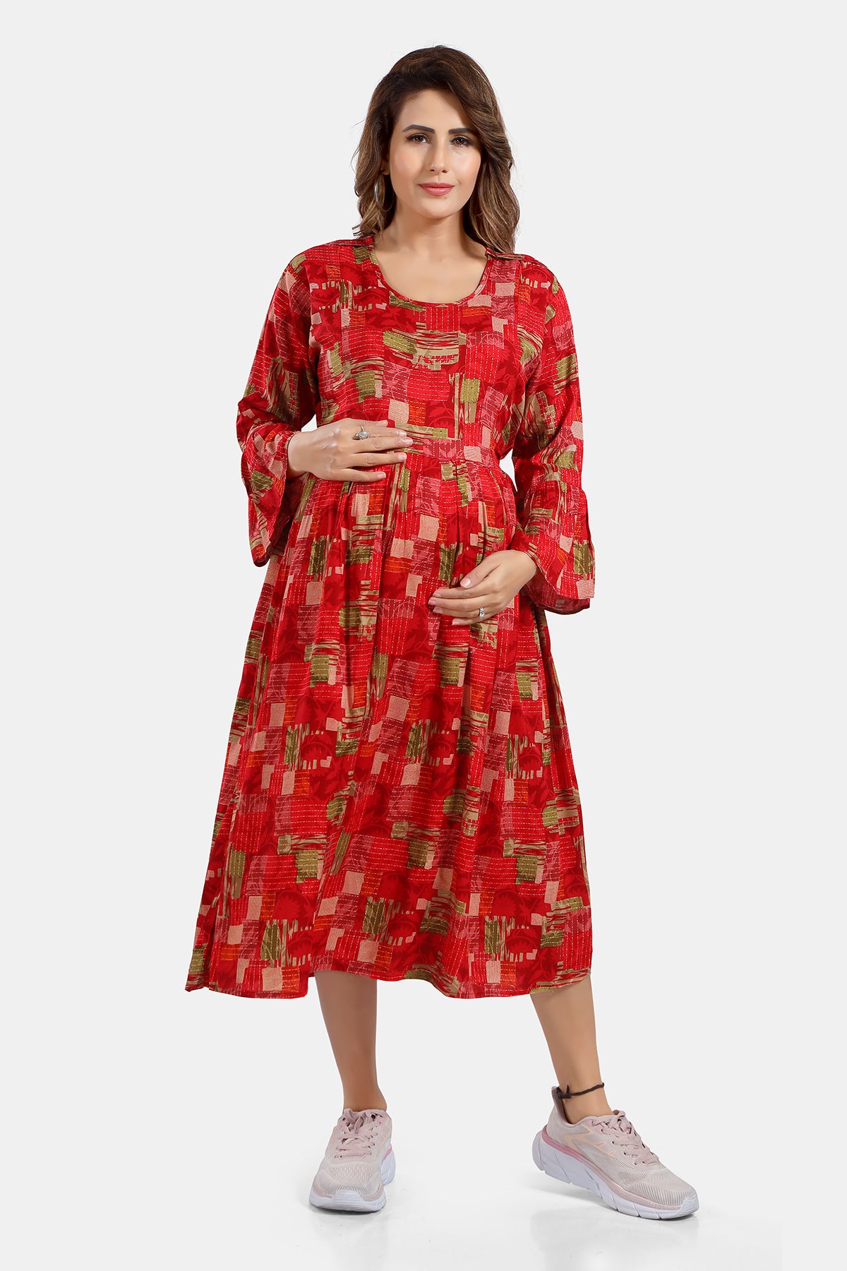 Red Printed Rayon Feeding Flared Kurti for Women