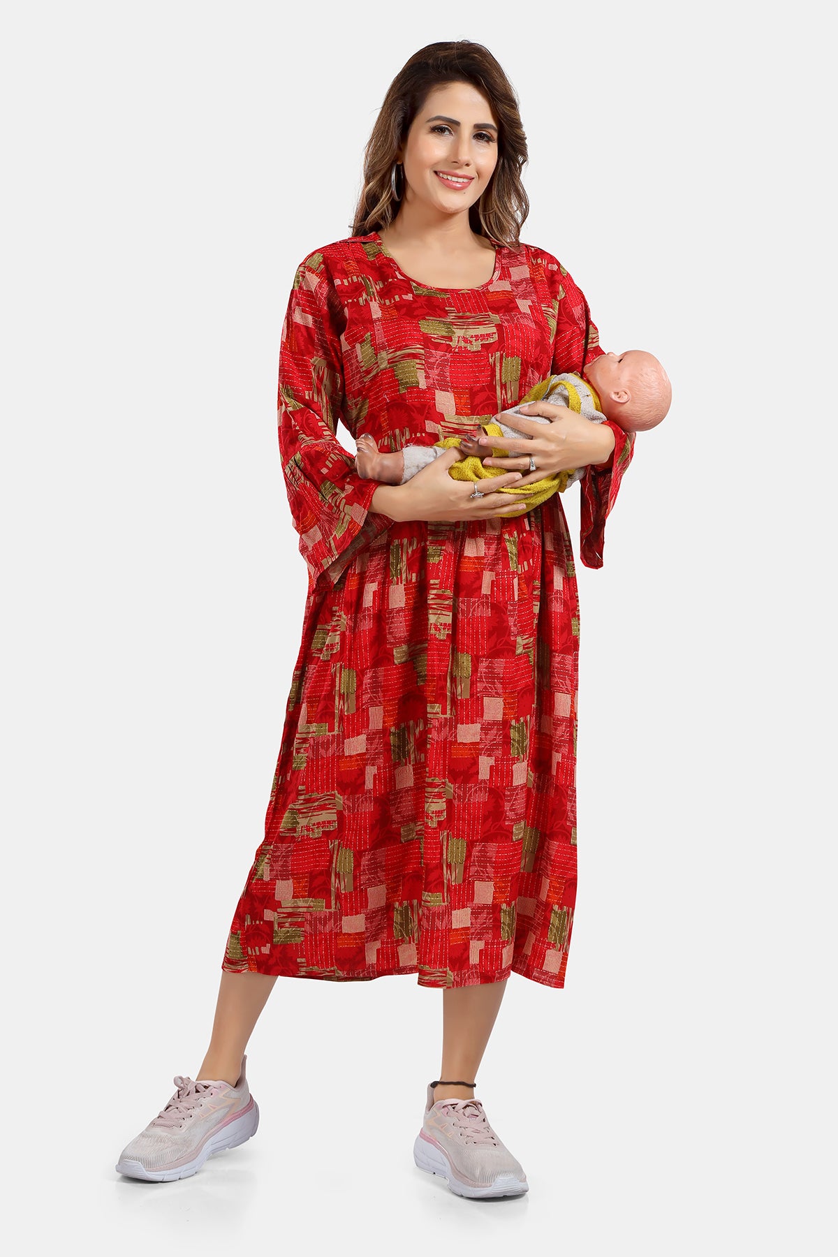 Red Printed Rayon Feeding Flared Kurti for Women