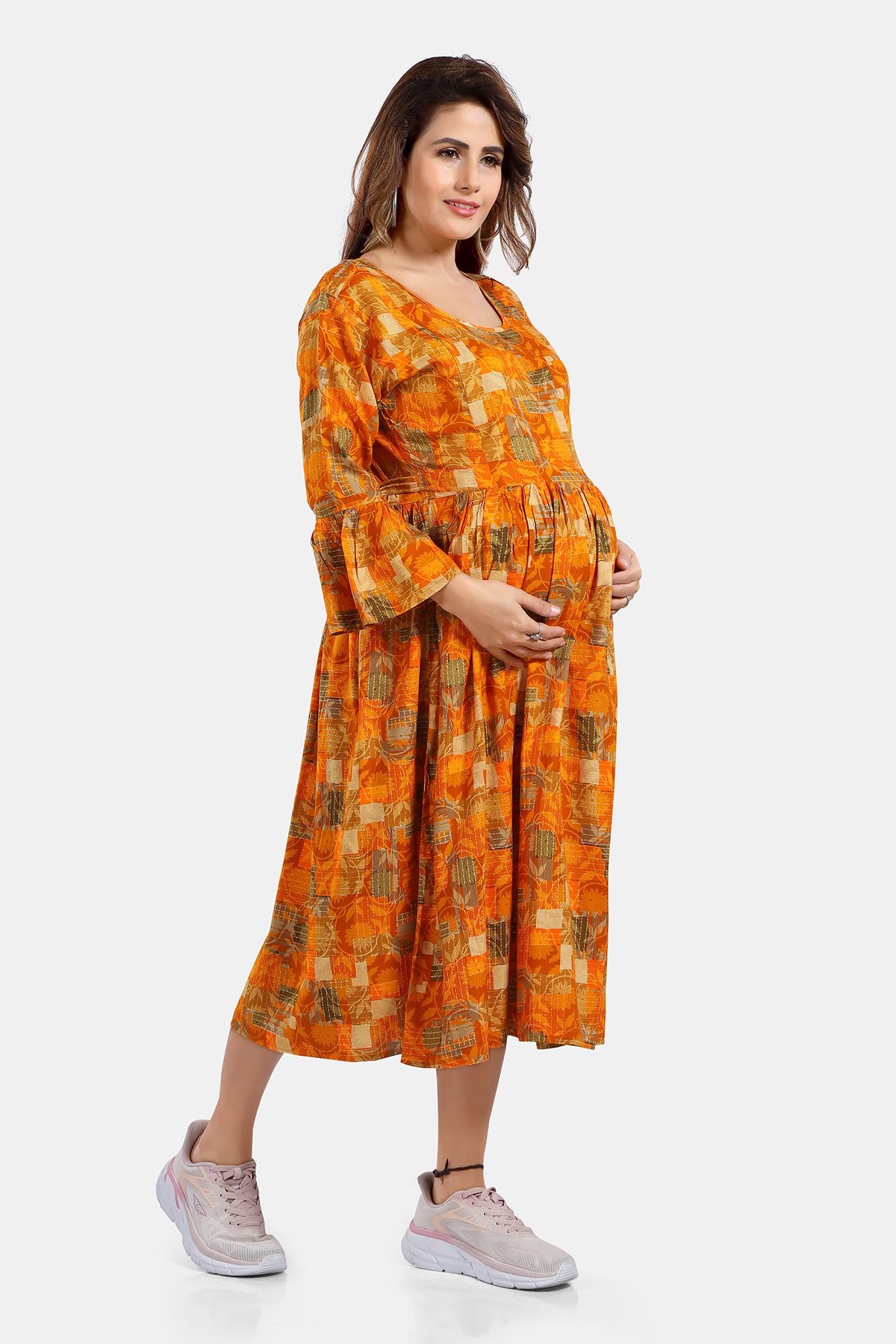 Mustard Printed Rayon Feeding & Maternity Flared Kurti for Women