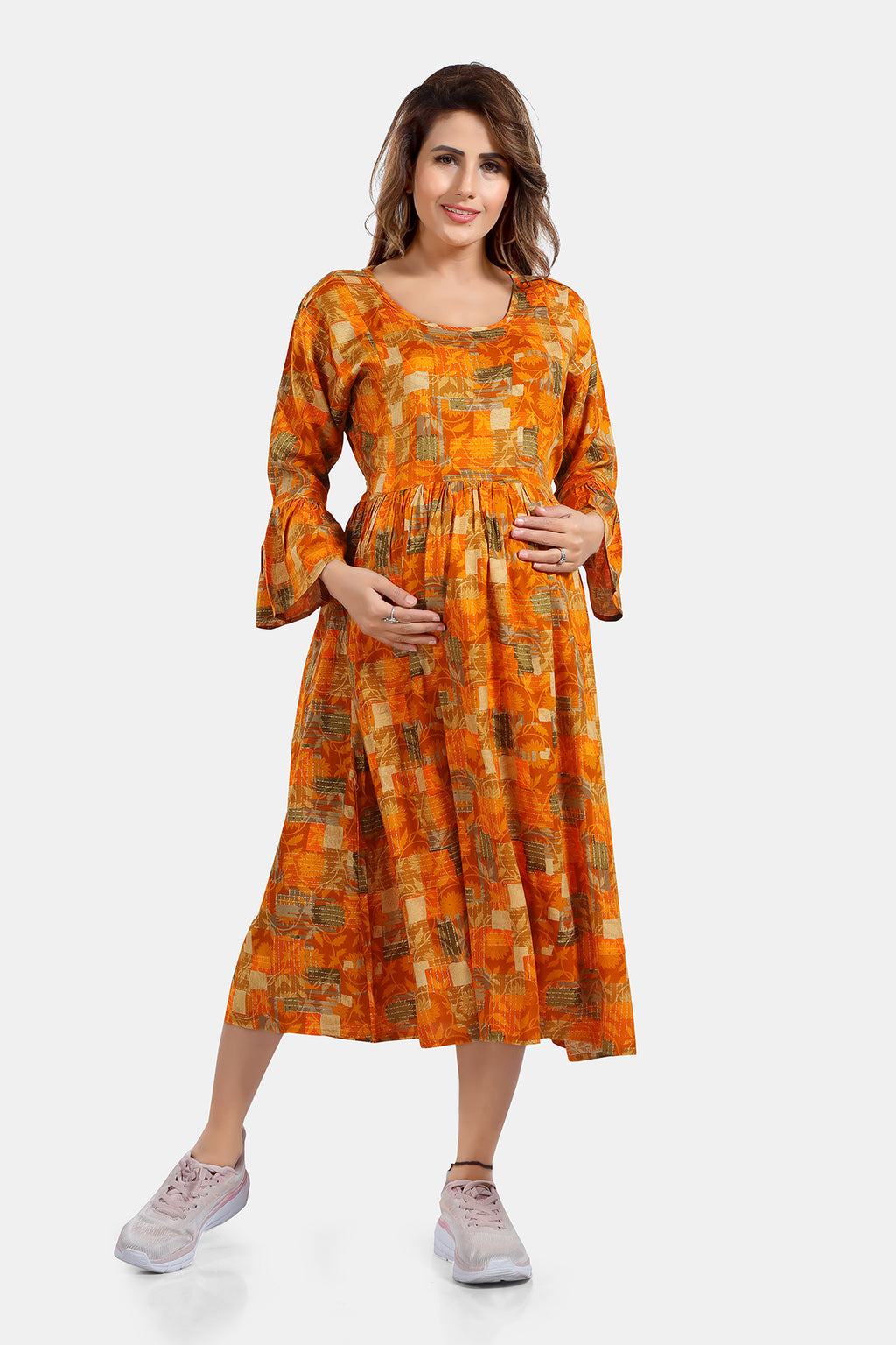Mustard Printed Rayon Feeding & Maternity Flared Kurti for Women
