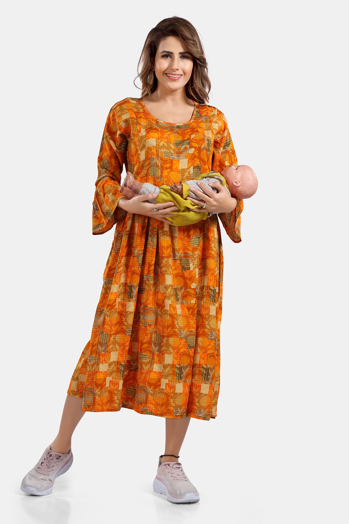 Mustard Printed Rayon Feeding & Maternity Flared Kurti for Women