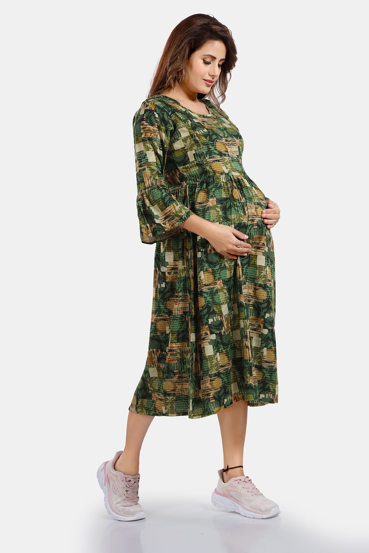 Green Printed Rayon Feeding Flared Kurti
