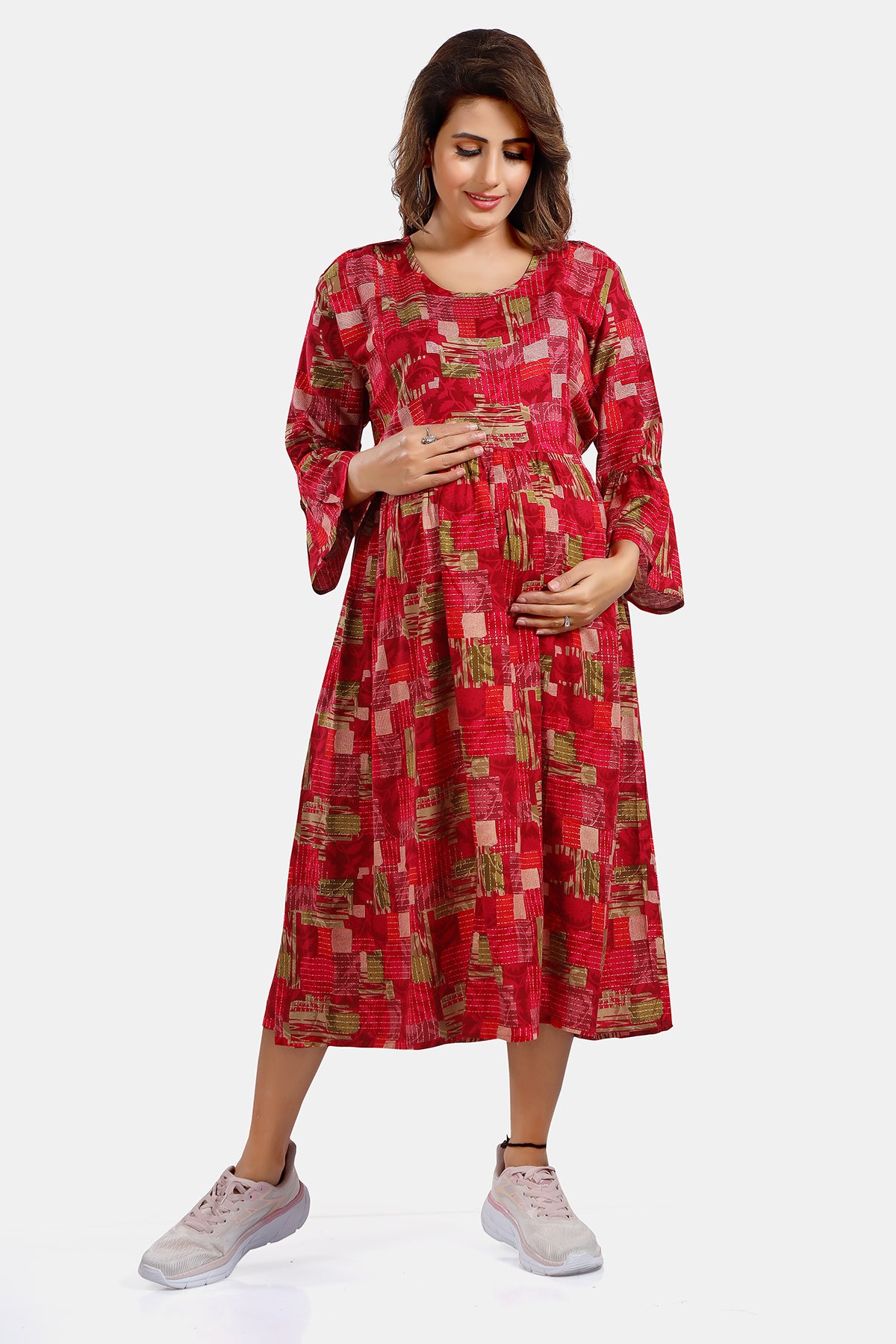 Pink Printed Rayon Feeding Flared Kurti for Women