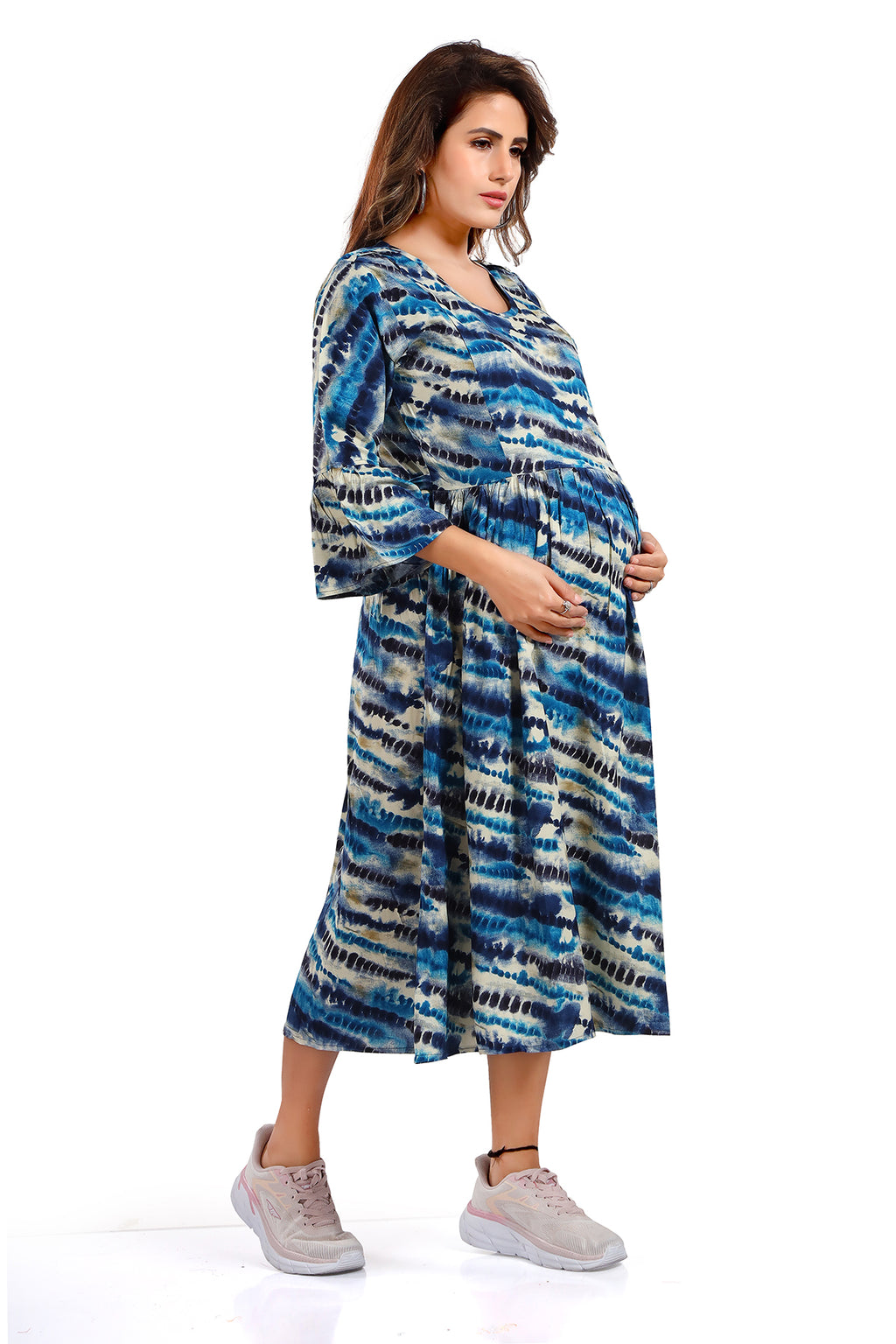 Blue Tie-Dye Rayon Feeding Flared Maternity Kurti