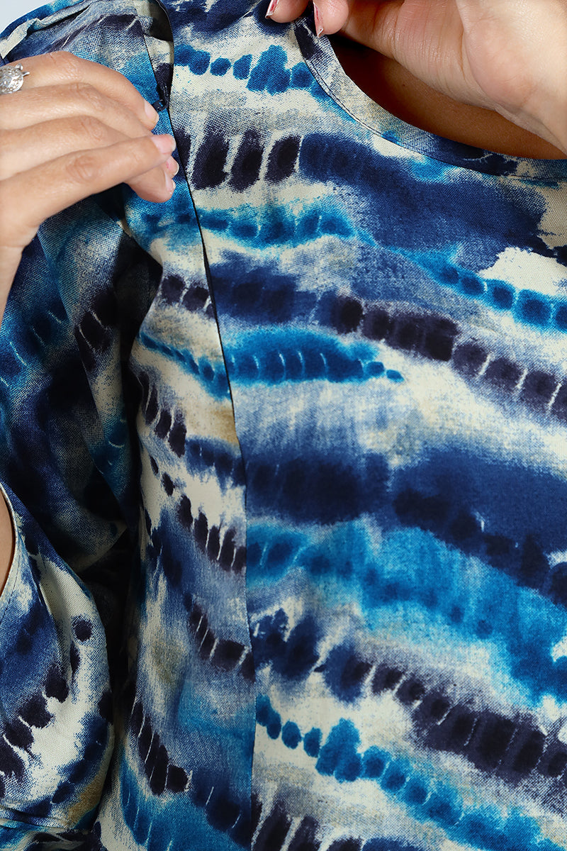 Blue Tie-Dye Rayon Feeding Flared Maternity Kurti