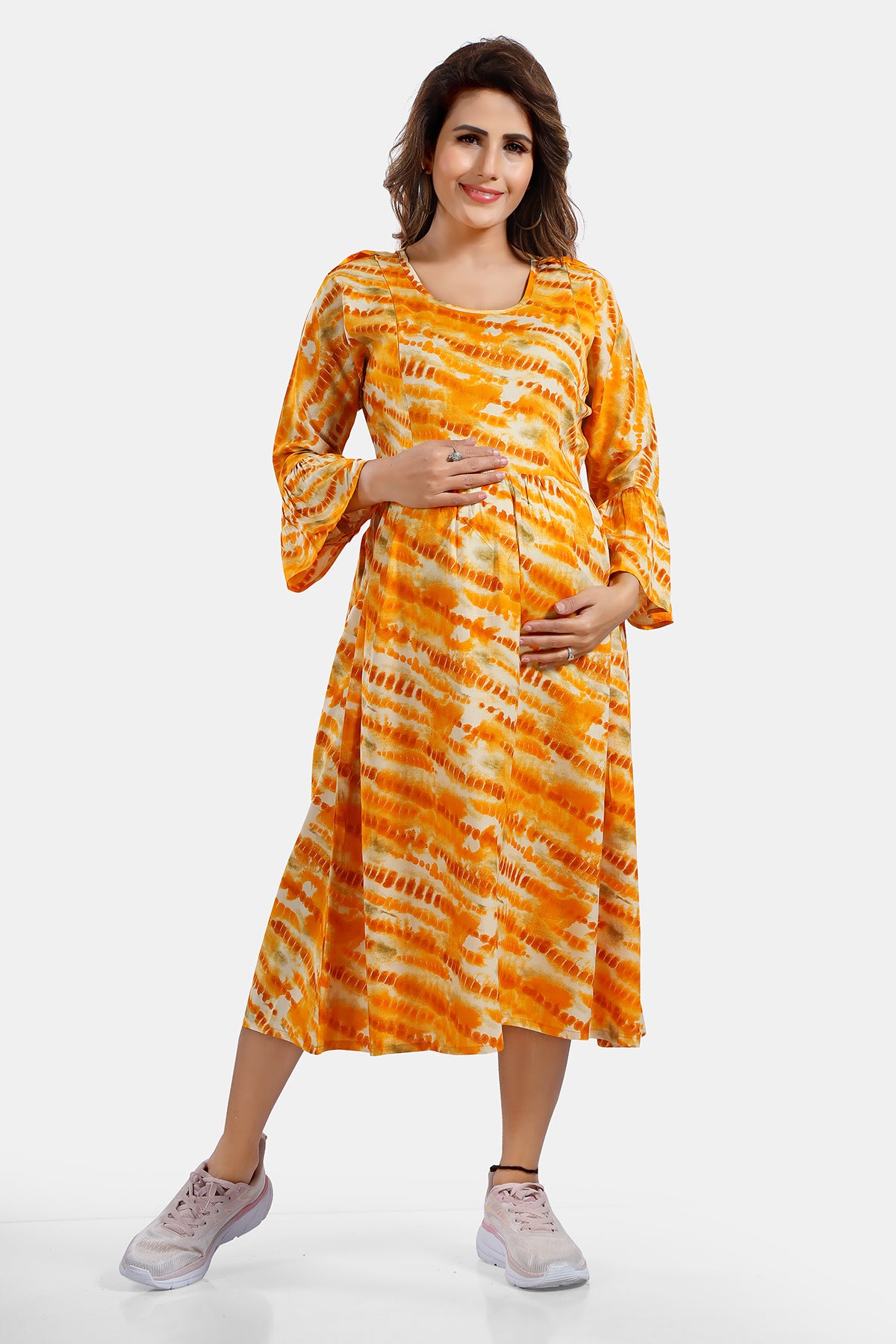 Yellow Tie-Dye Rayon Feeding Flared Kurti
