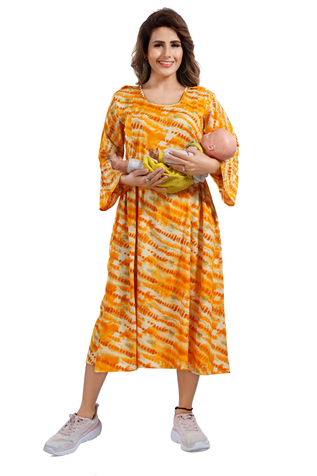 Yellow Tie-Dye Rayon Feeding Flared Kurti