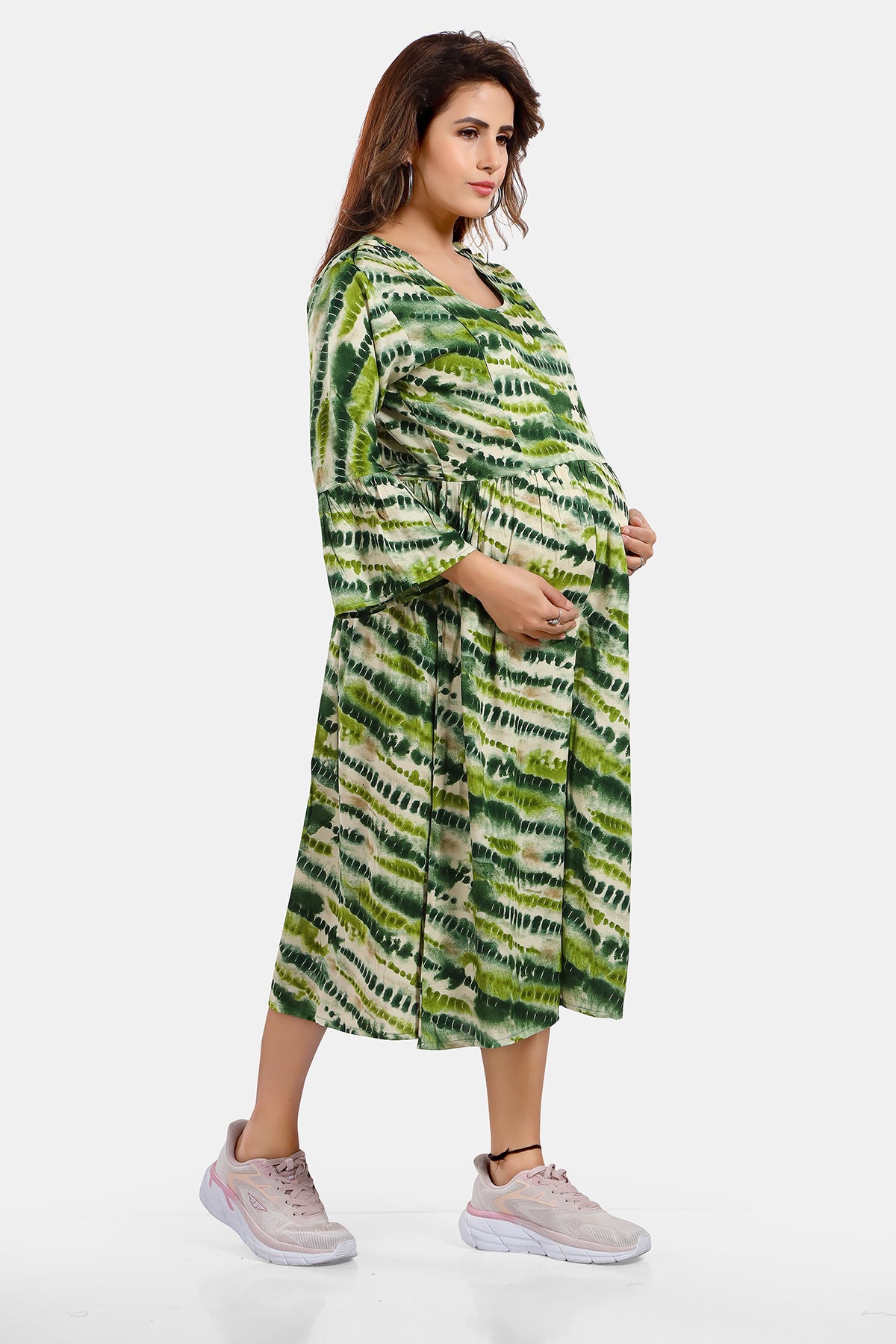 Green Tie-Dye Rayon Feeding Flared Maternity Kurti