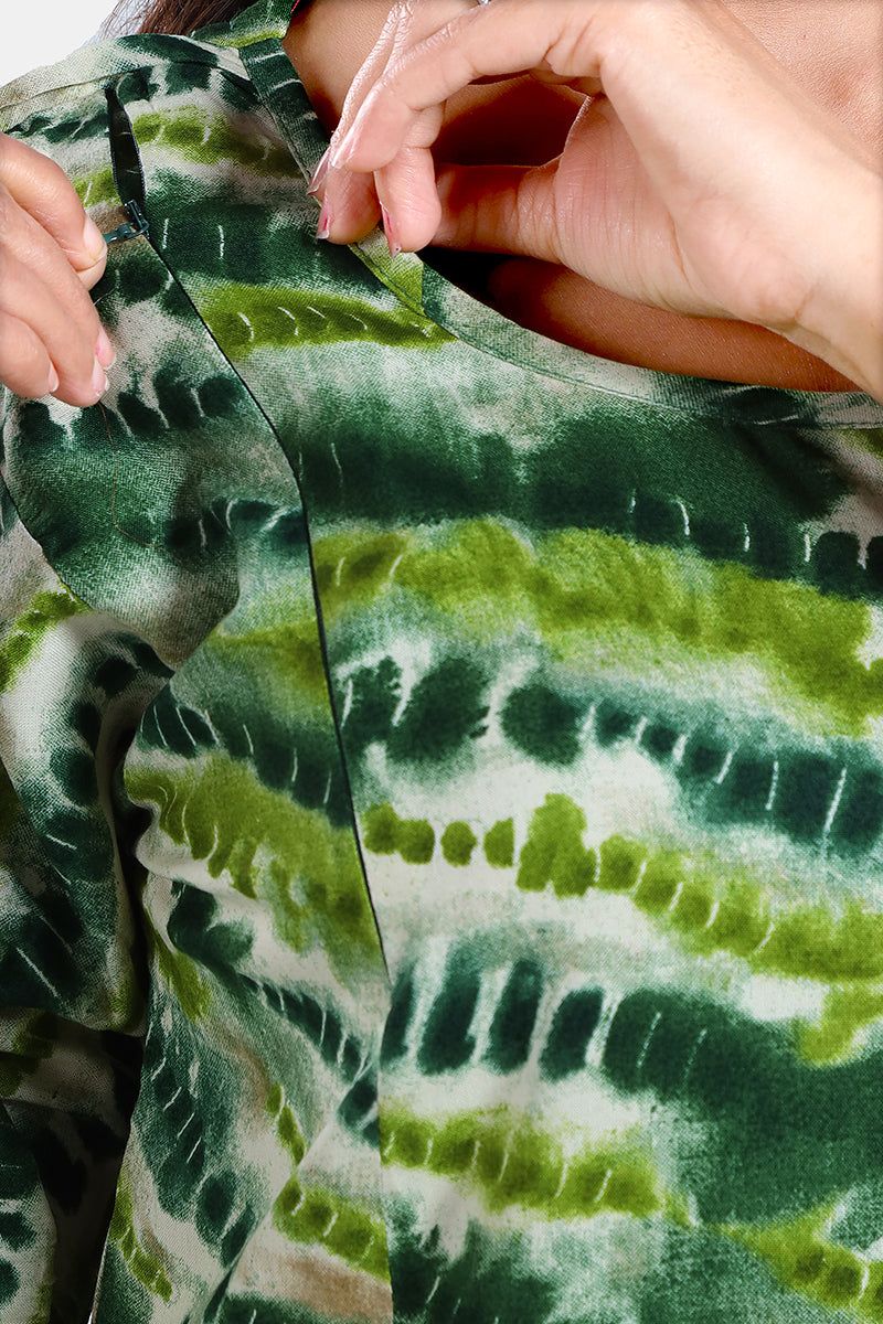 Green Tie-Dye Rayon Feeding Flared Maternity Kurti