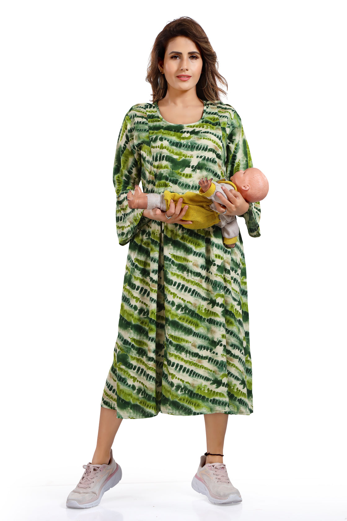 Green Tie-Dye Rayon Feeding Flared Maternity Kurti