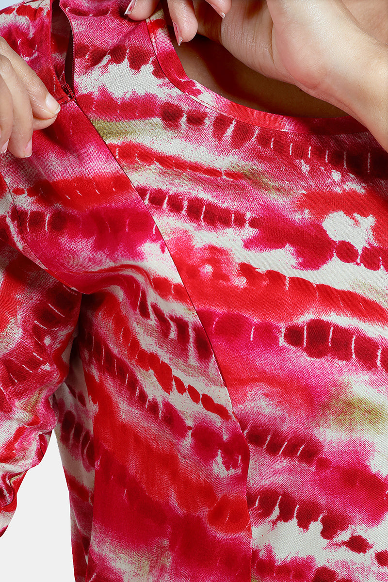 Pink Tie-Dye Rayon Feeding Flared Kurti