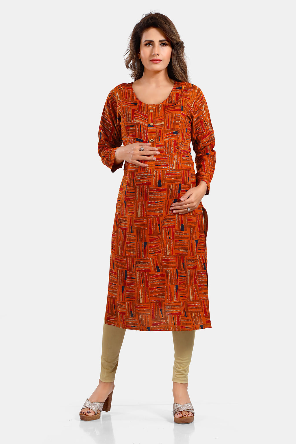 Women’s Brownish Orange Rayon Abstract Nursing Kurti