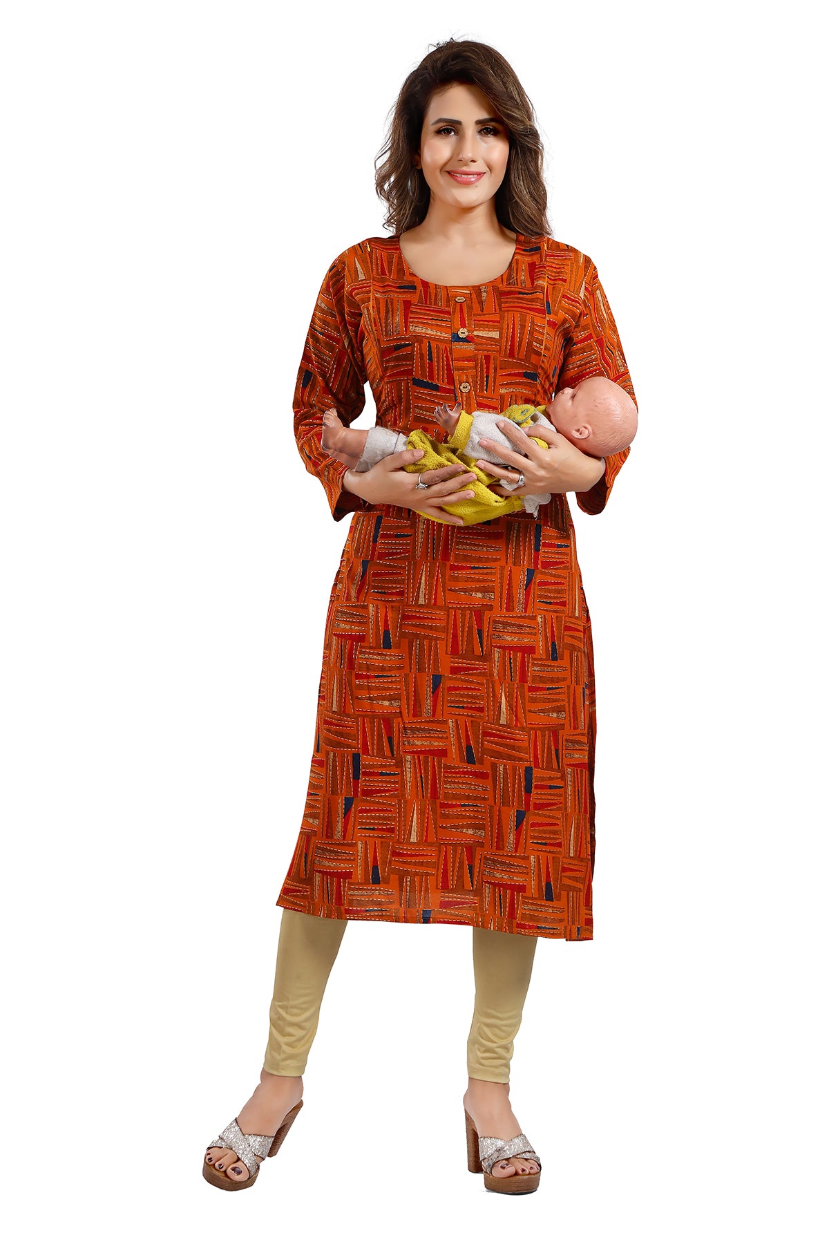Women’s Brownish Orange Rayon Abstract Nursing Kurti