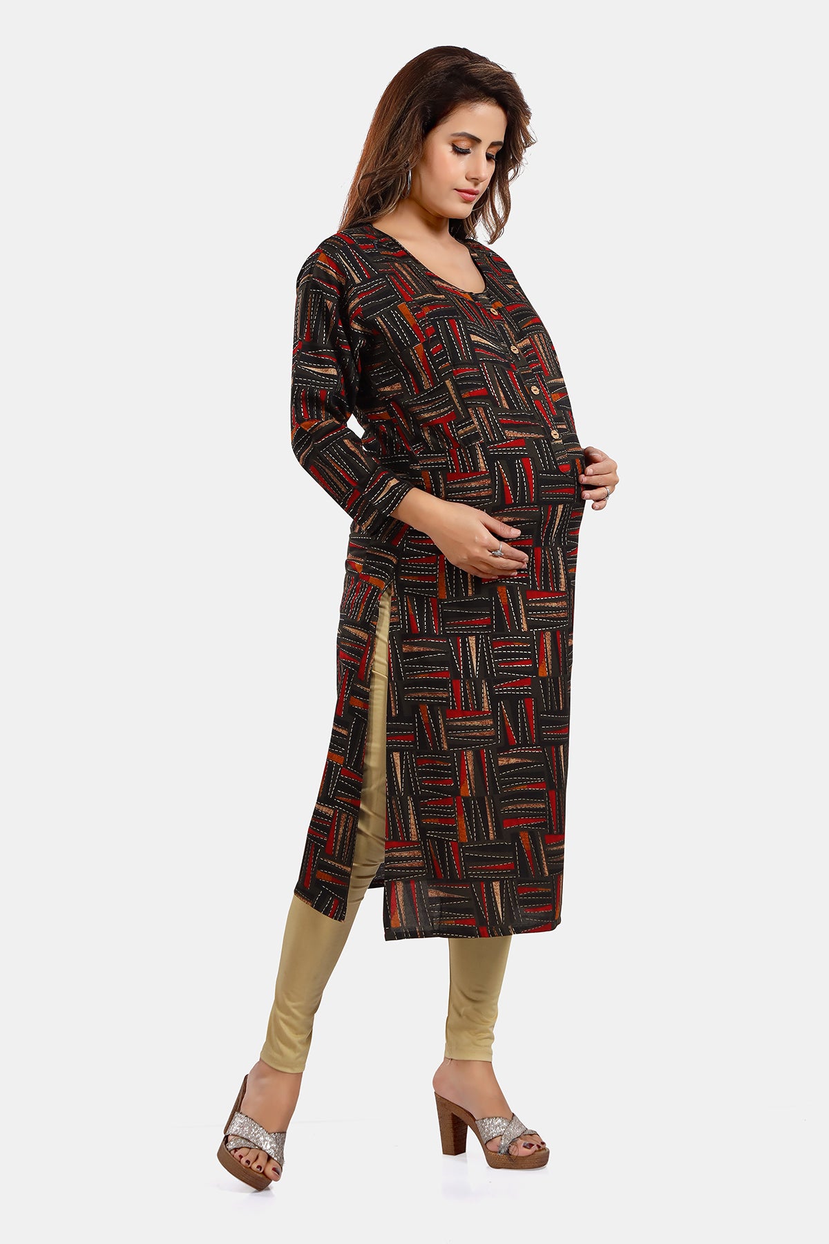Black Abstract Print Rayon Feeding/Maternity Straight Kurti for Women