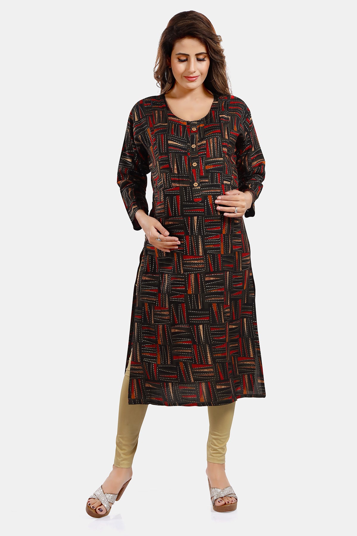 Black Abstract Print Rayon Feeding/Maternity Straight Kurti for Women