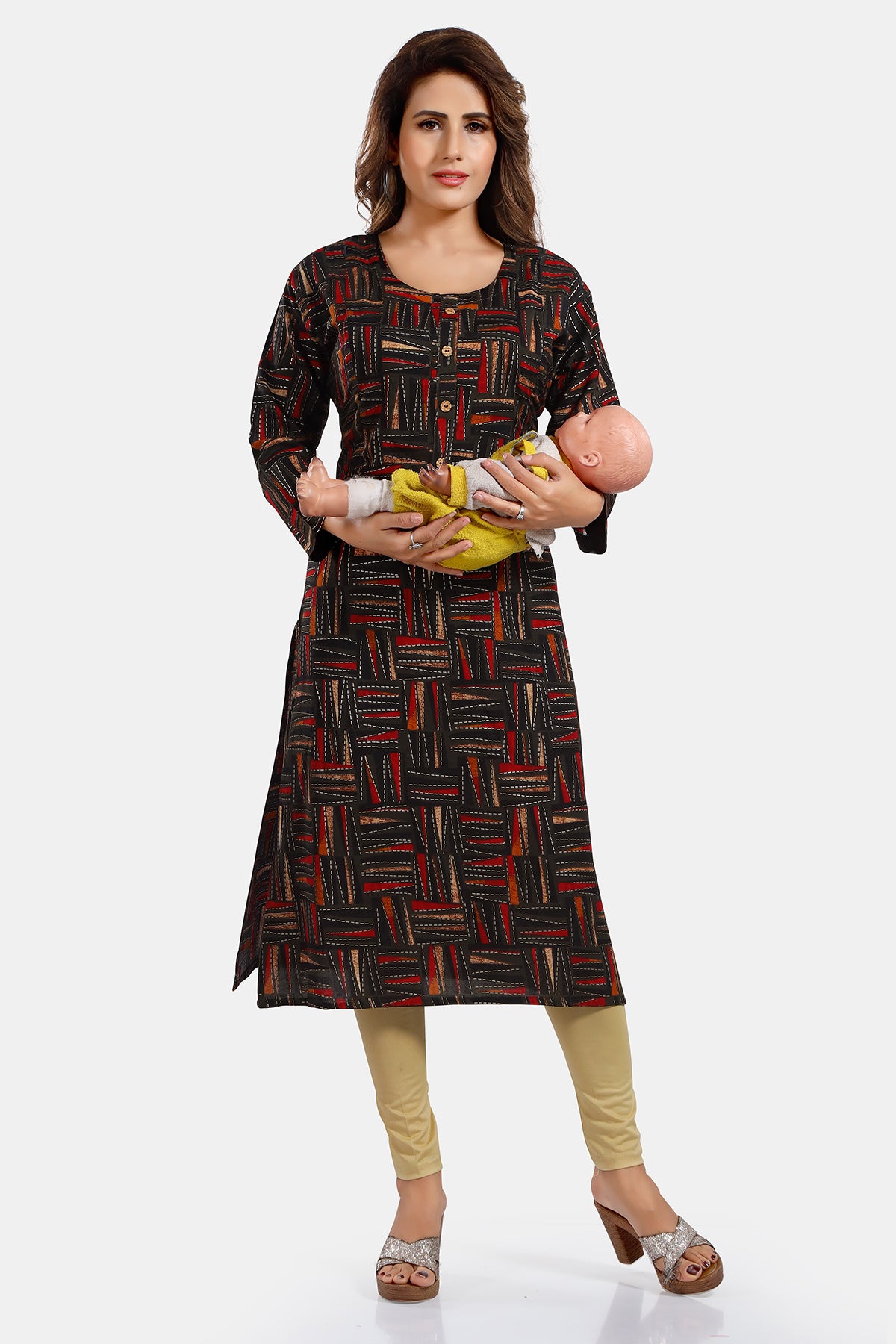 Black Abstract Print Rayon Feeding/Maternity Straight Kurti for Women