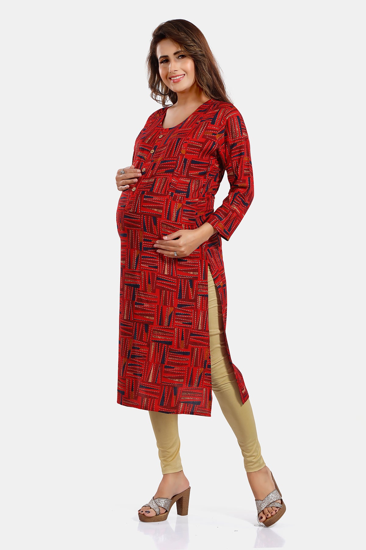 Maroon Abstract Print Rayon Feeding & Maternity Straight Kurti
