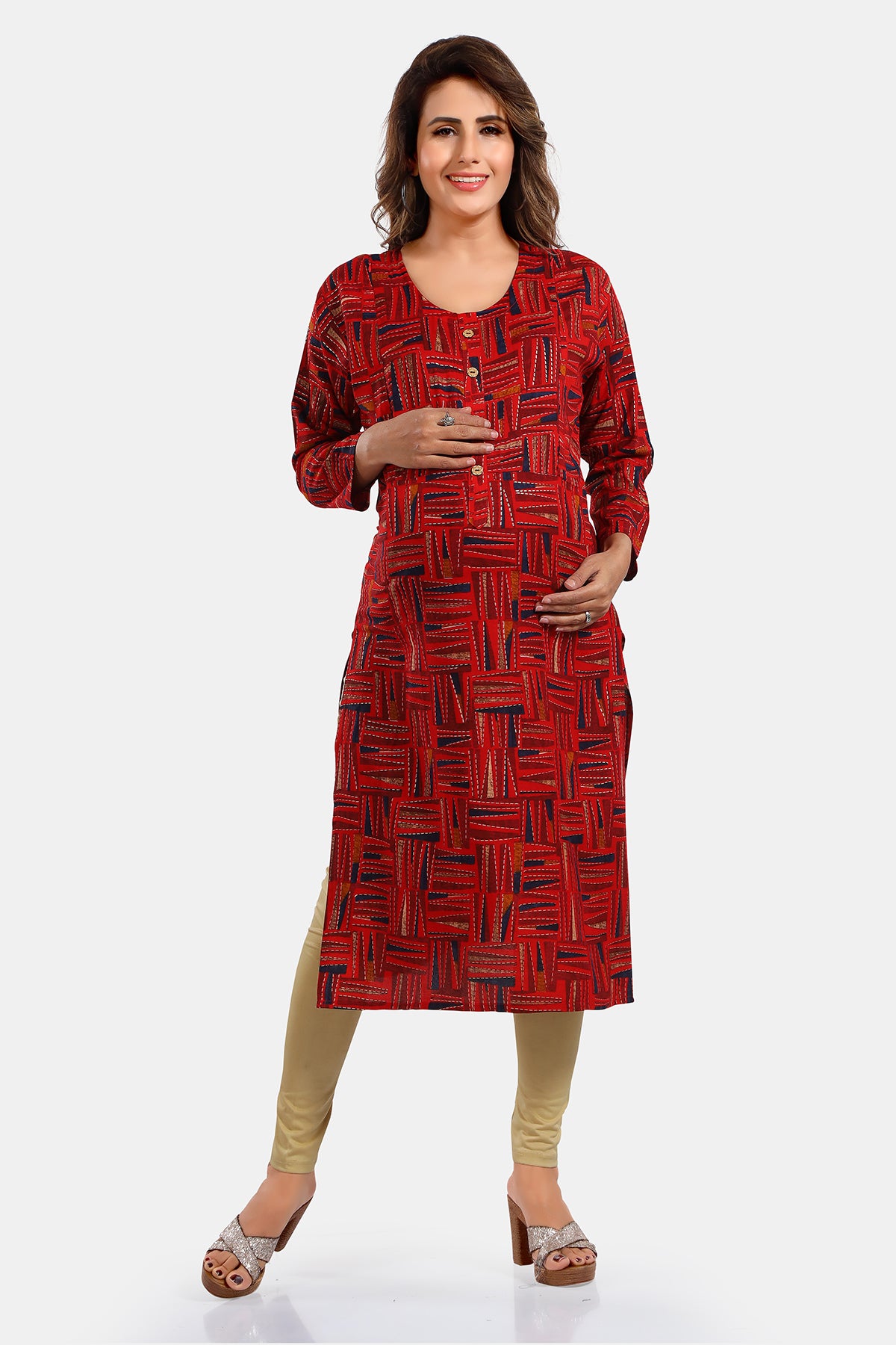 Maroon Abstract Print Rayon Feeding & Maternity Straight Kurti