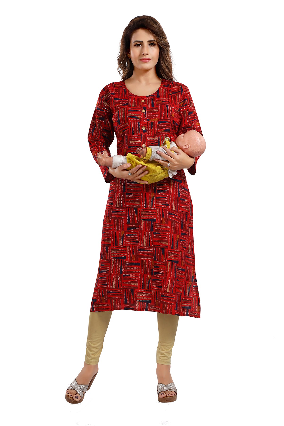 Maroon Abstract Print Rayon Feeding & Maternity Straight Kurti