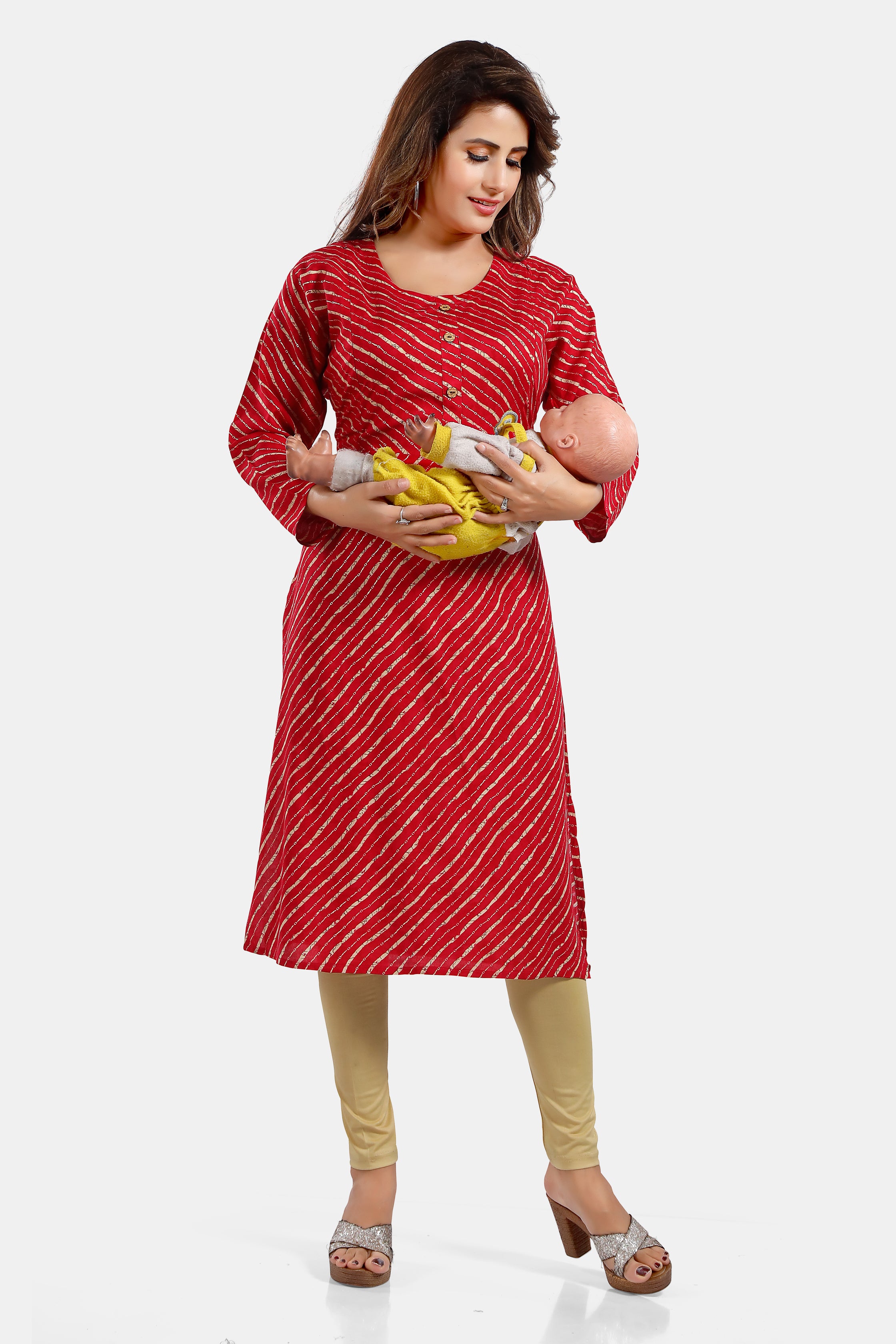 Pink Leheriya Print Rayon Feeding Kurti