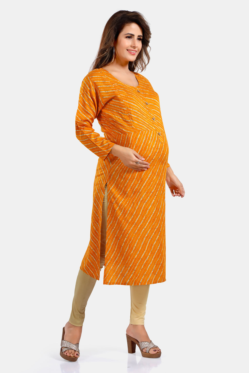 Mustard Leheriya Rayon Maternity Feeding Kurti