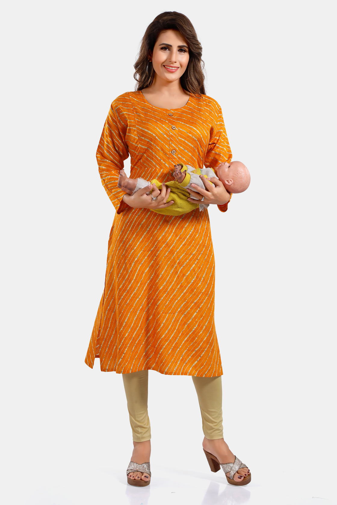Mustard Leheriya Rayon Maternity Feeding Kurti