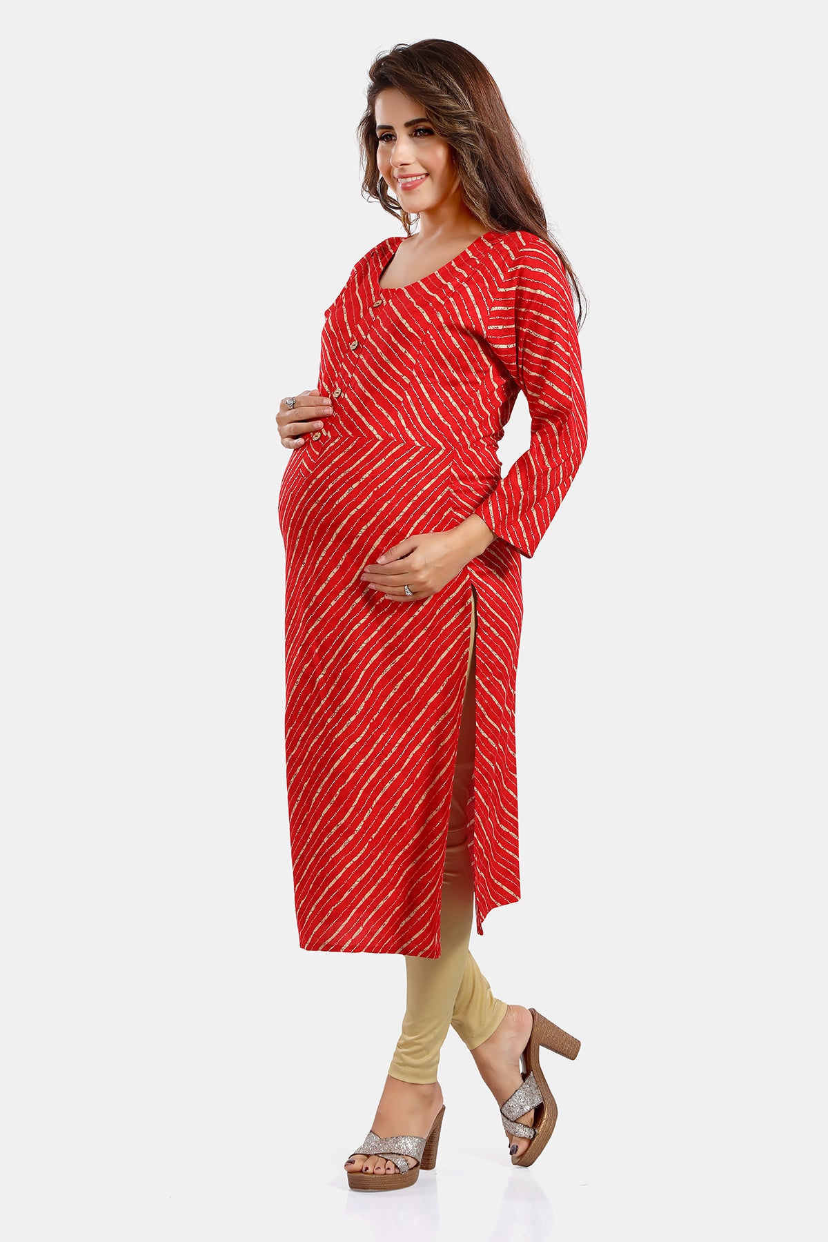 Red Leheriya Print Rayon Feeding & Maternity Straight Kurti for Women