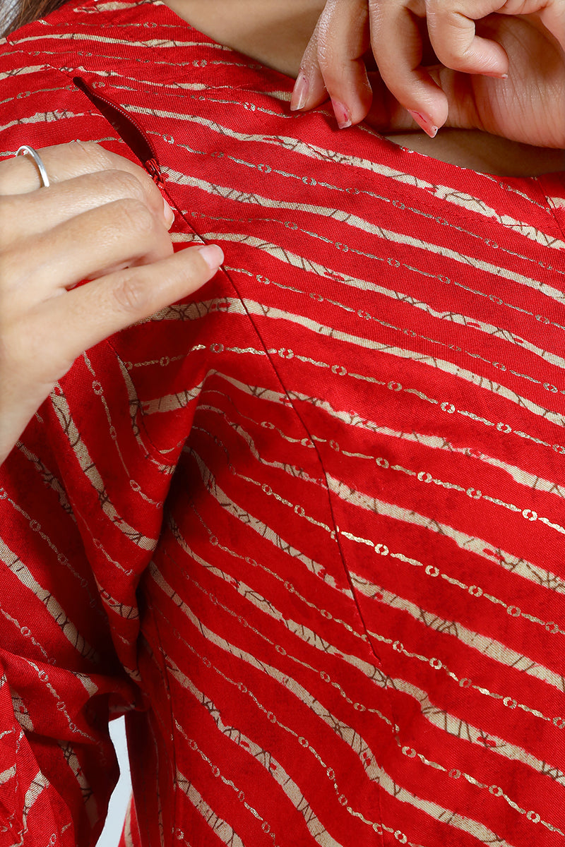 Red Leheriya Print Rayon Feeding & Maternity Straight Kurti for Women
