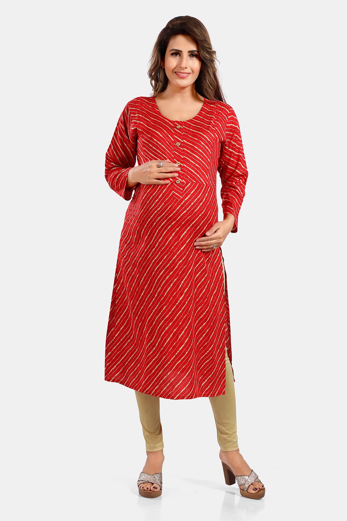 Red Leheriya Print Rayon Feeding & Maternity Straight Kurti for Women