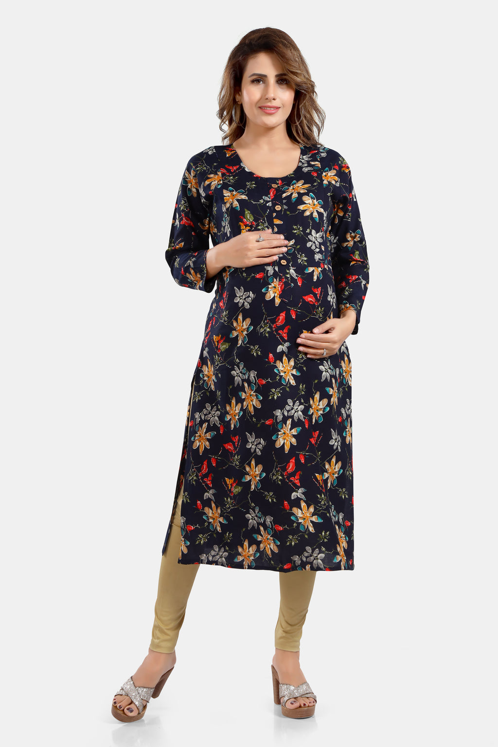 Floral Print Rayon Feeding/Maternity Straight Kurti For Women