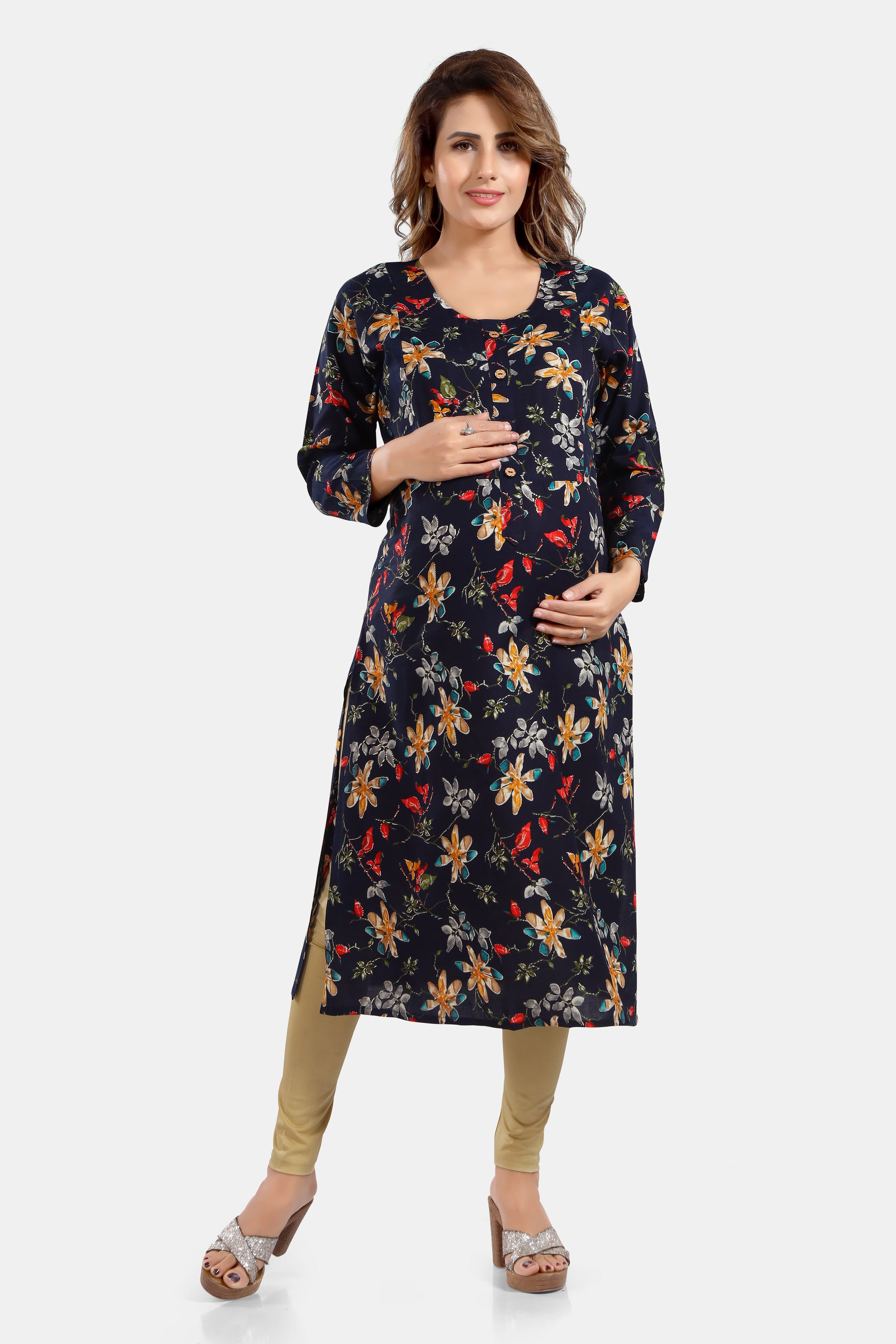 Floral Print Rayon Feeding/Maternity Straight Kurti For Women