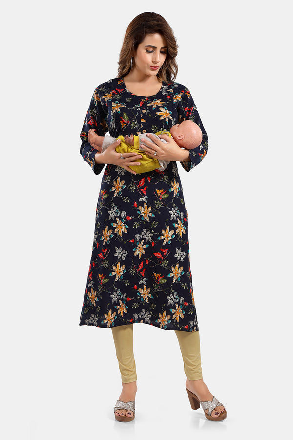 Floral Print Rayon Feeding/Maternity Straight Kurti For Women
