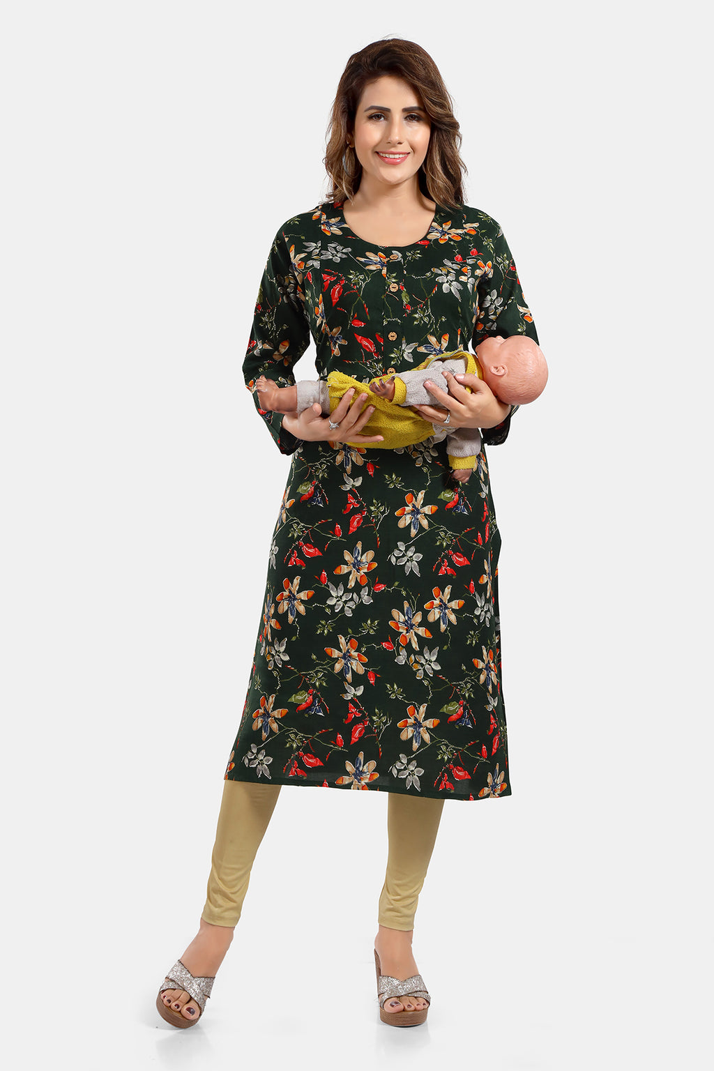 Floral Print Rayon Feeding/Maternity Straight Kurti For Women
