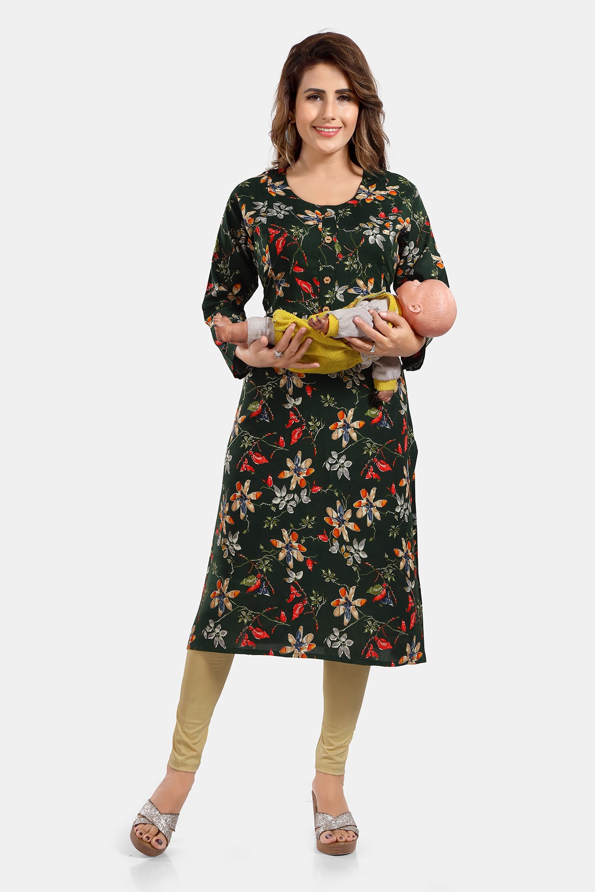 Floral Print Rayon Feeding/Maternity Straight Kurti For Women