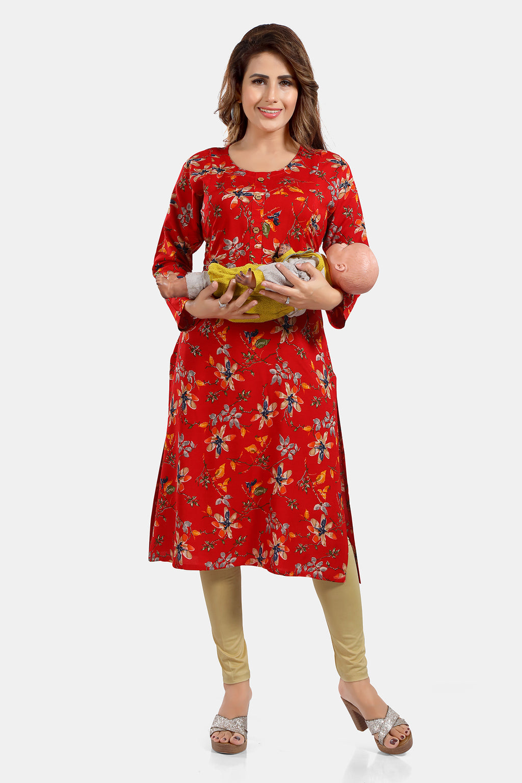 Floral Print Rayon Feeding/Maternity Straight Kurti For Women