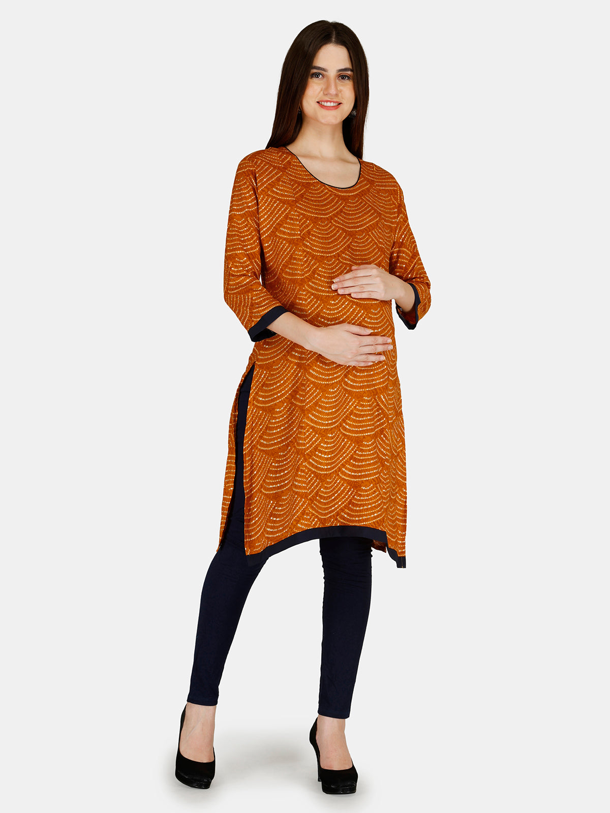 Orange Printed Rayon Feeding Straight Kurti for Women