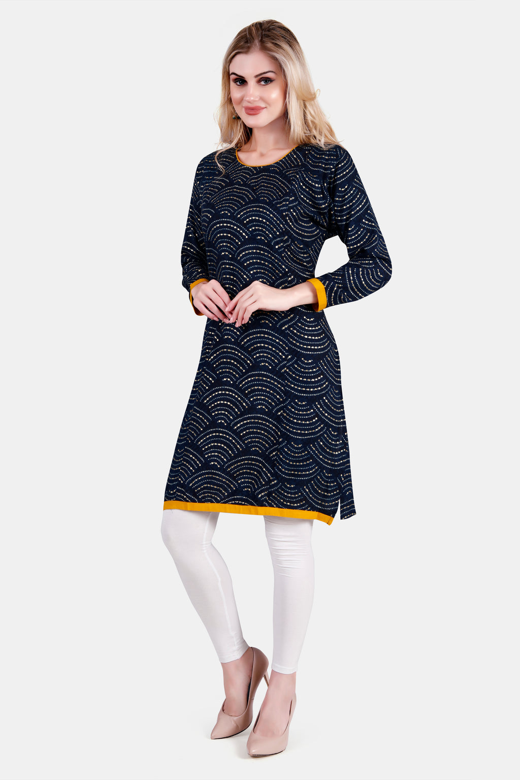 Navy Blue Printed Rayon Feeding Straight Kurti for Women