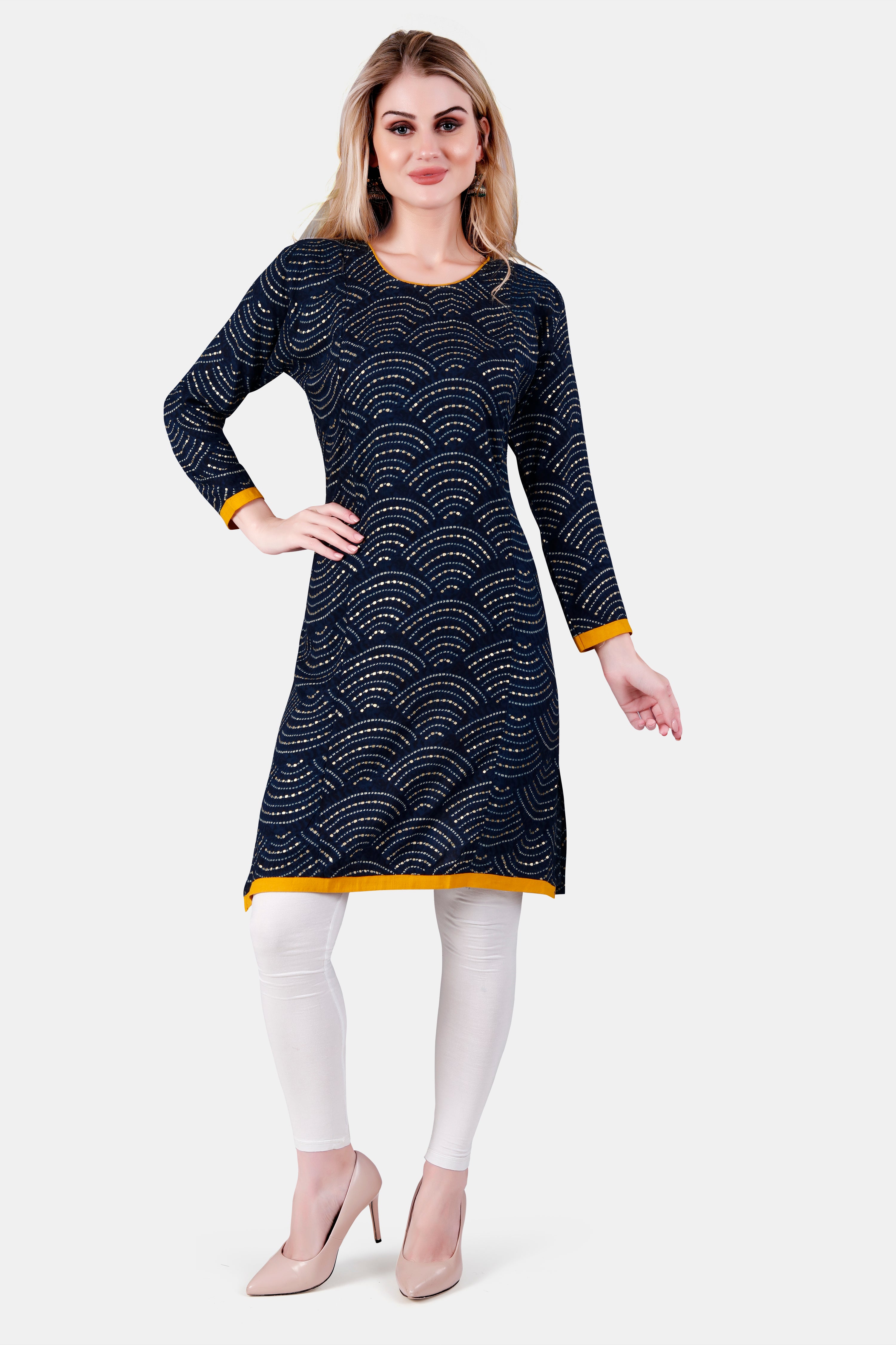 Navy Blue Printed Rayon Feeding Straight Kurti for Women